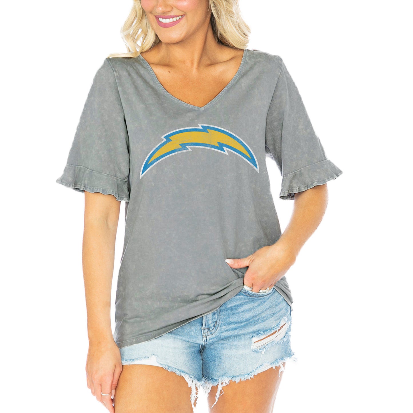 Women's Gameday Couture Gray Los Angeles Chargers Field Finesse Ruffle Sleeve V-Neck T-Shirt