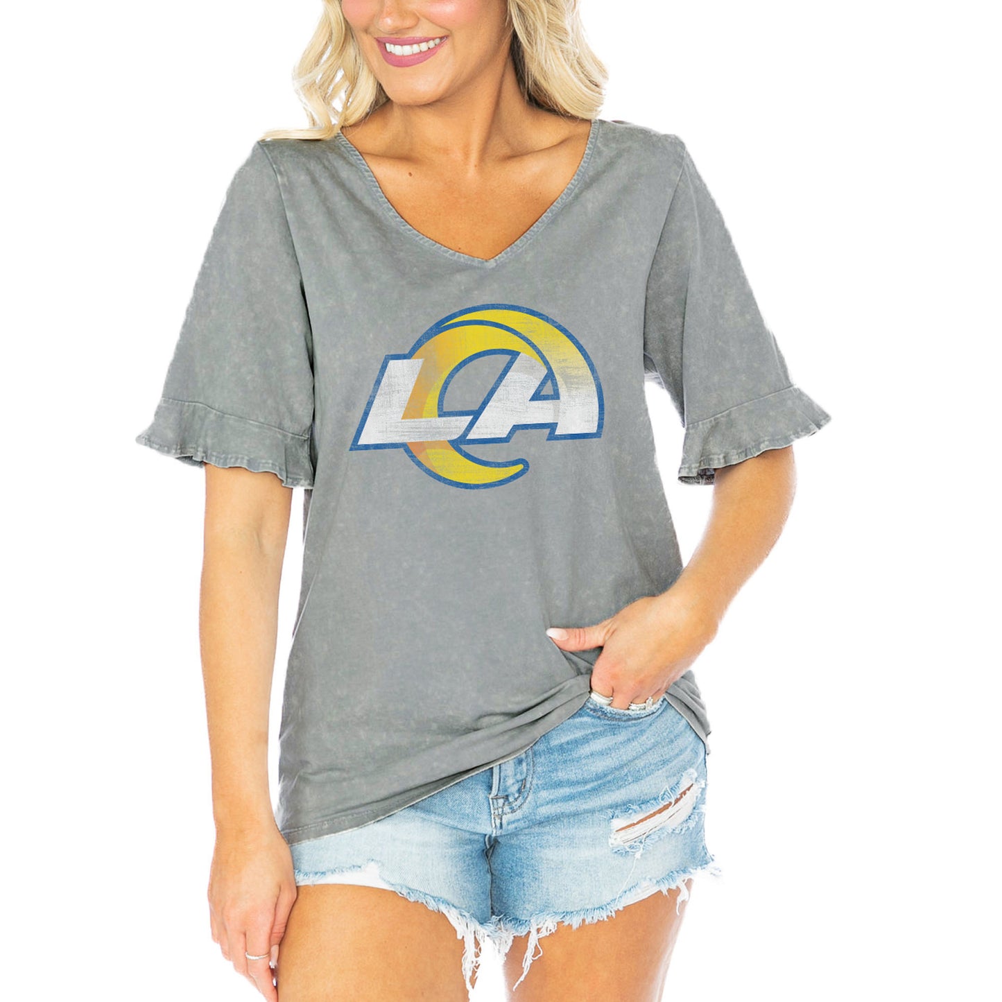 Women's Gameday Couture Gray Los Angeles Rams Field Finesse Ruffle Sleeve V-Neck T-Shirt