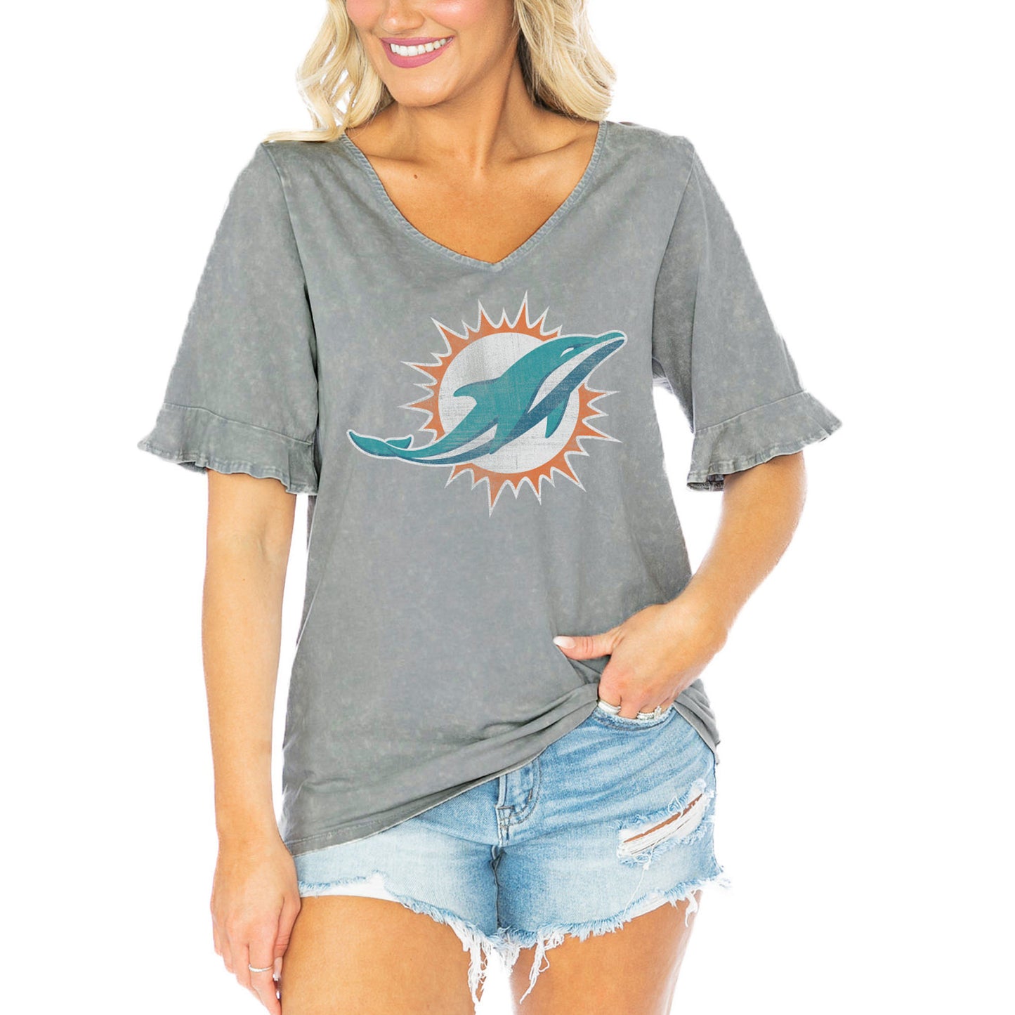Women's Gameday Couture Gray Miami Dolphins Field Finesse Ruffle Sleeve V-Neck T-Shirt