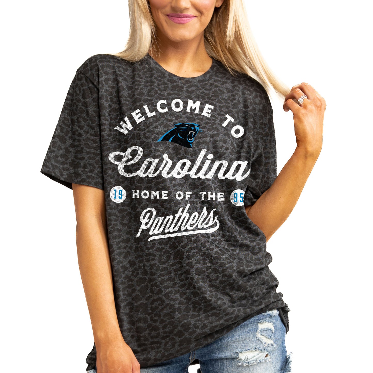 Women's Gameday Couture Charcoal Carolina Panthers Wildcat Blitz Tonal Leopard T-Shirt