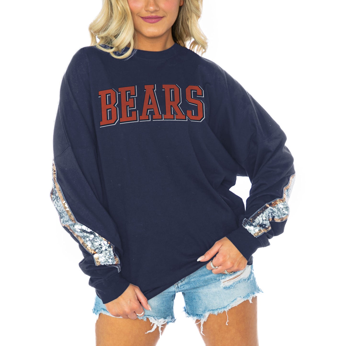 Women's Gameday Couture Navy Chicago Bears Glitz Sequin Long Sleeve T-Shirt