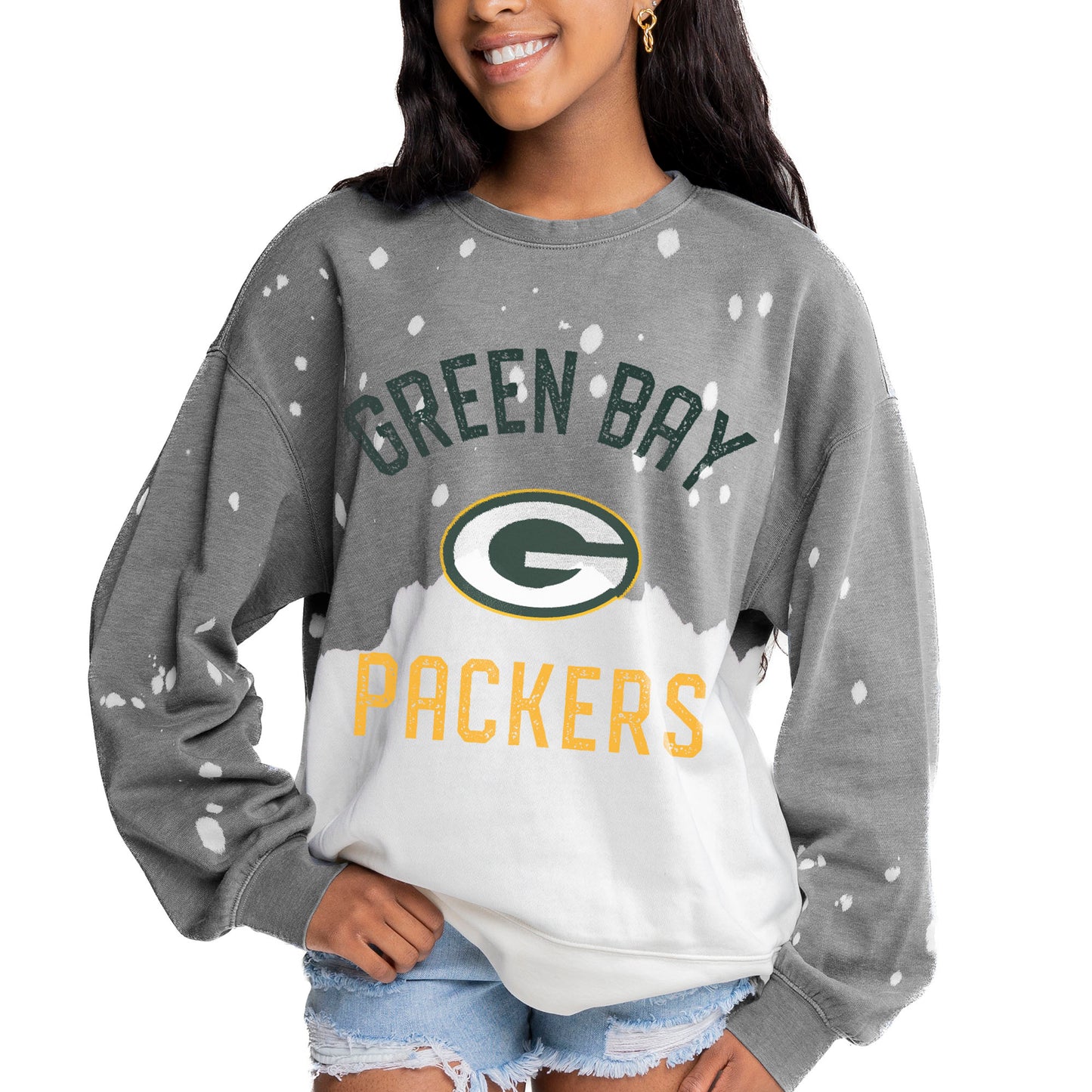 Women's Gameday Couture Gray Green Bay Packers Coin Toss Faded French Terry Pullover Sweatshirt