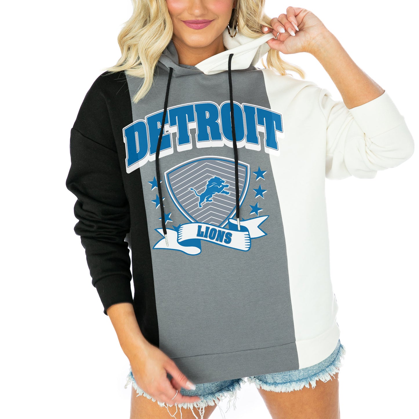 Women's Gameday Couture Black/White Detroit Lions Take The Field Tri-Color Block Fleece Pullover Hoodie