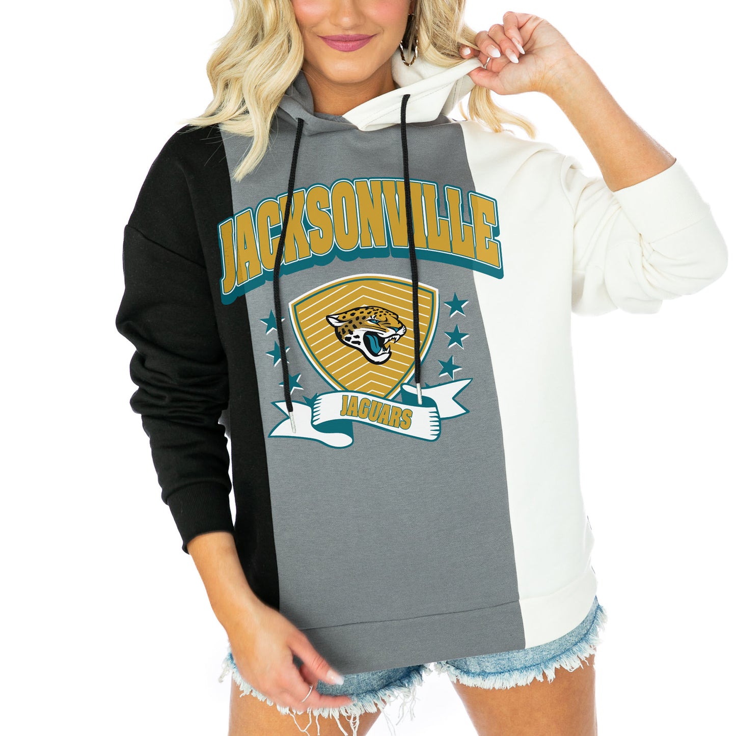 Women's Gameday Couture Black/White Jacksonville Jaguars Take The Field Tri-Color Block Fleece Pullover Hoodie