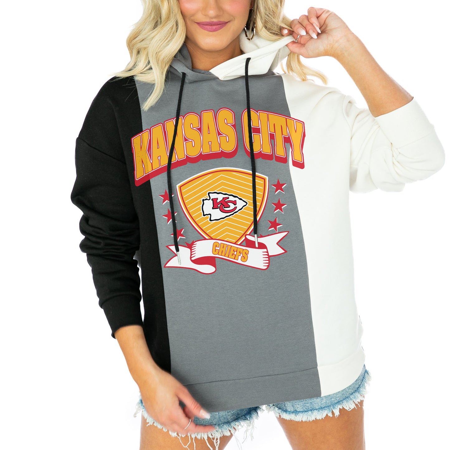 Women's Gameday Couture Black/White Kansas City Chiefs Take The Field Tri-Color Block Fleece Pullover Hoodie