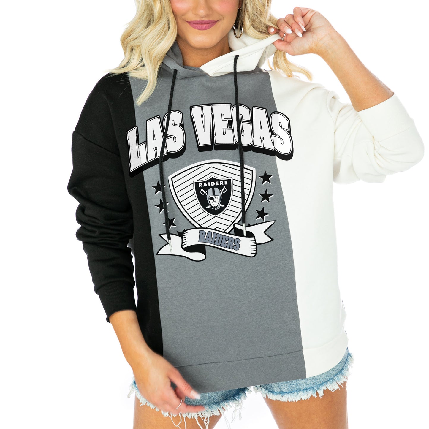 Women's Gameday Couture Black/White Las Vegas Raiders Take The Field Tri-Color Block Fleece Pullover Hoodie