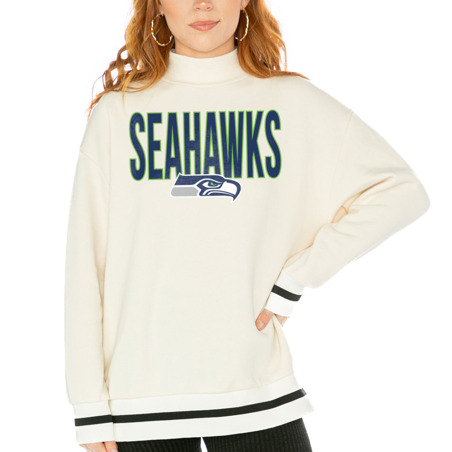 Women's Gameday Couture White Seattle Seahawks End Zone Envy Mock Neck Fleece Pullover Sweatshirt