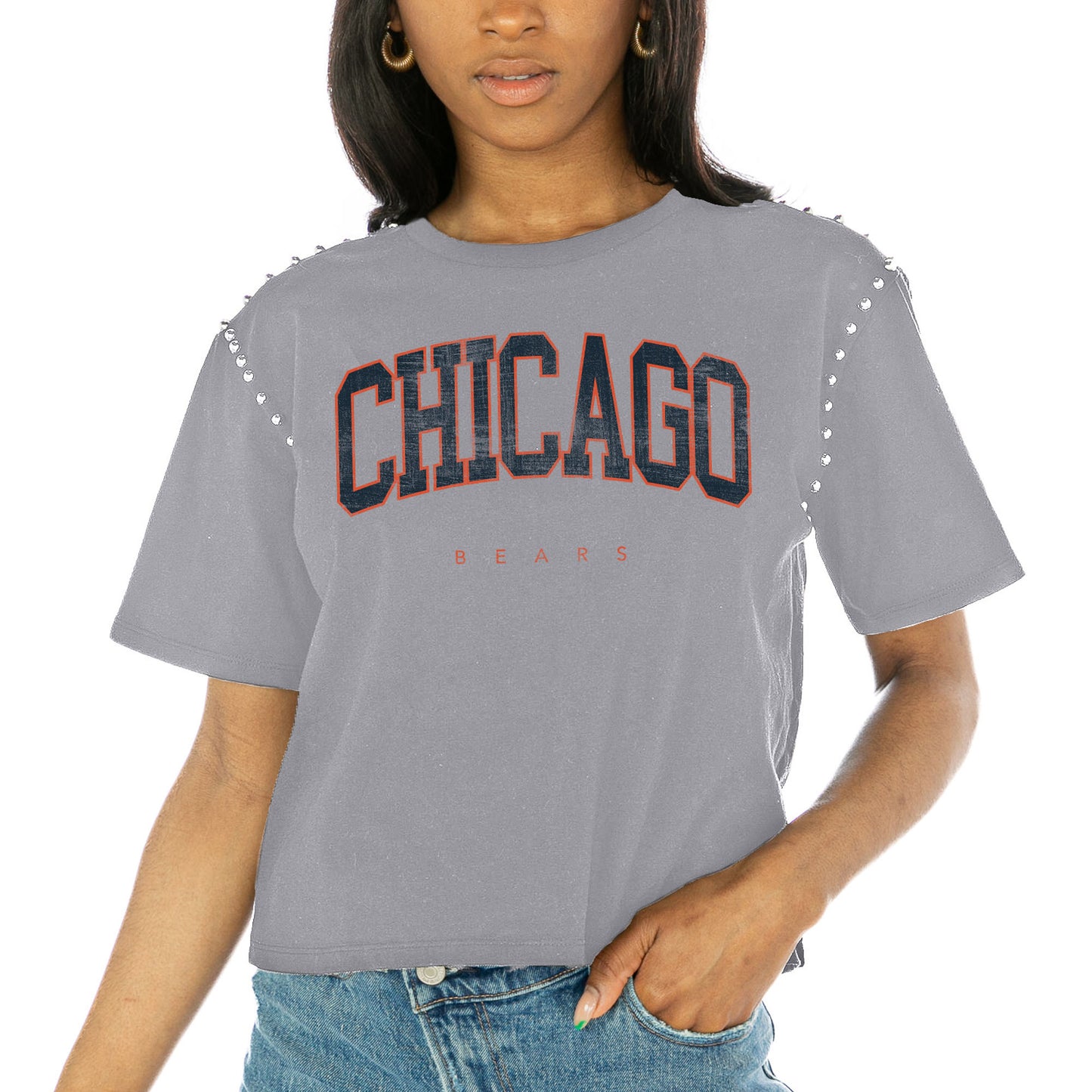 Women's Gameday Couture Gray Chicago Bears Elite Elegance Studded Sleeve Cropped T-Shirt
