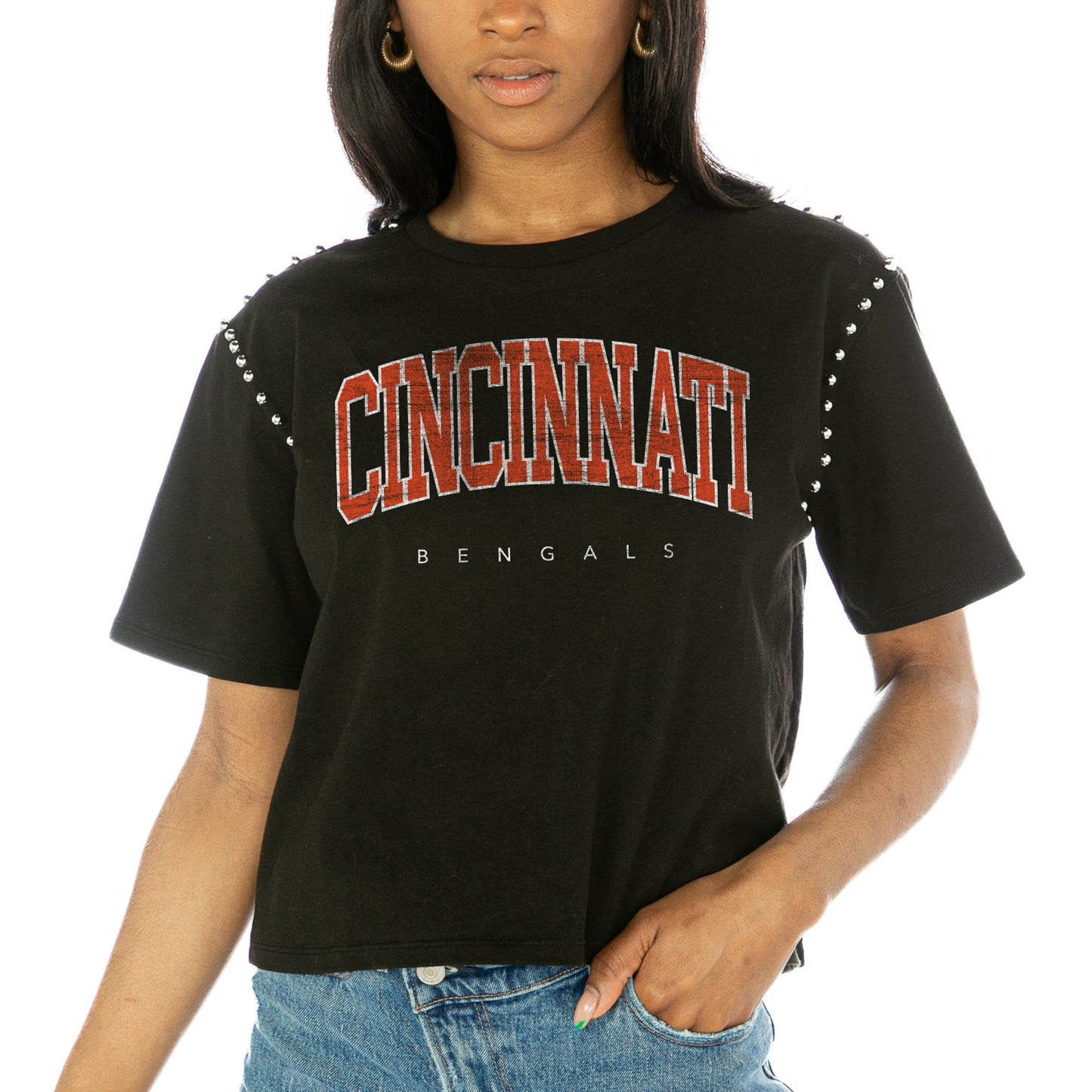 Women's Gameday Couture Black Cincinnati Bengals Elite Elegance Studded Sleeve Cropped T-Shirt