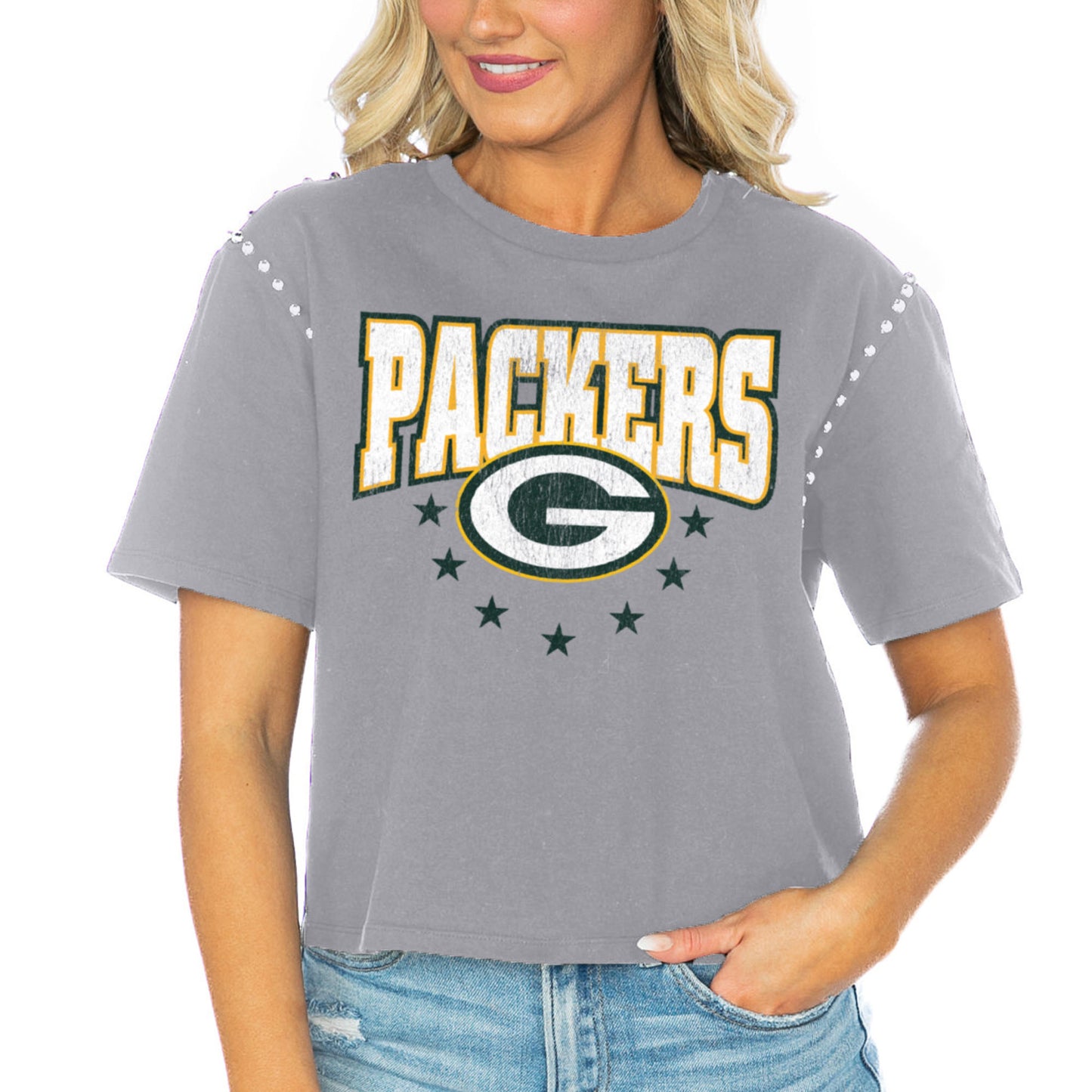 Women's Gameday Couture Gray Green Bay Packers Gladiator Studded Sleeve Cropped T-Shirt