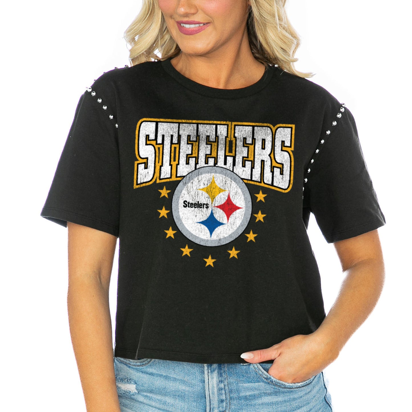 Women's Gameday Couture Black Pittsburgh Steelers Gladiator Studded Sleeve Cropped T-Shirt