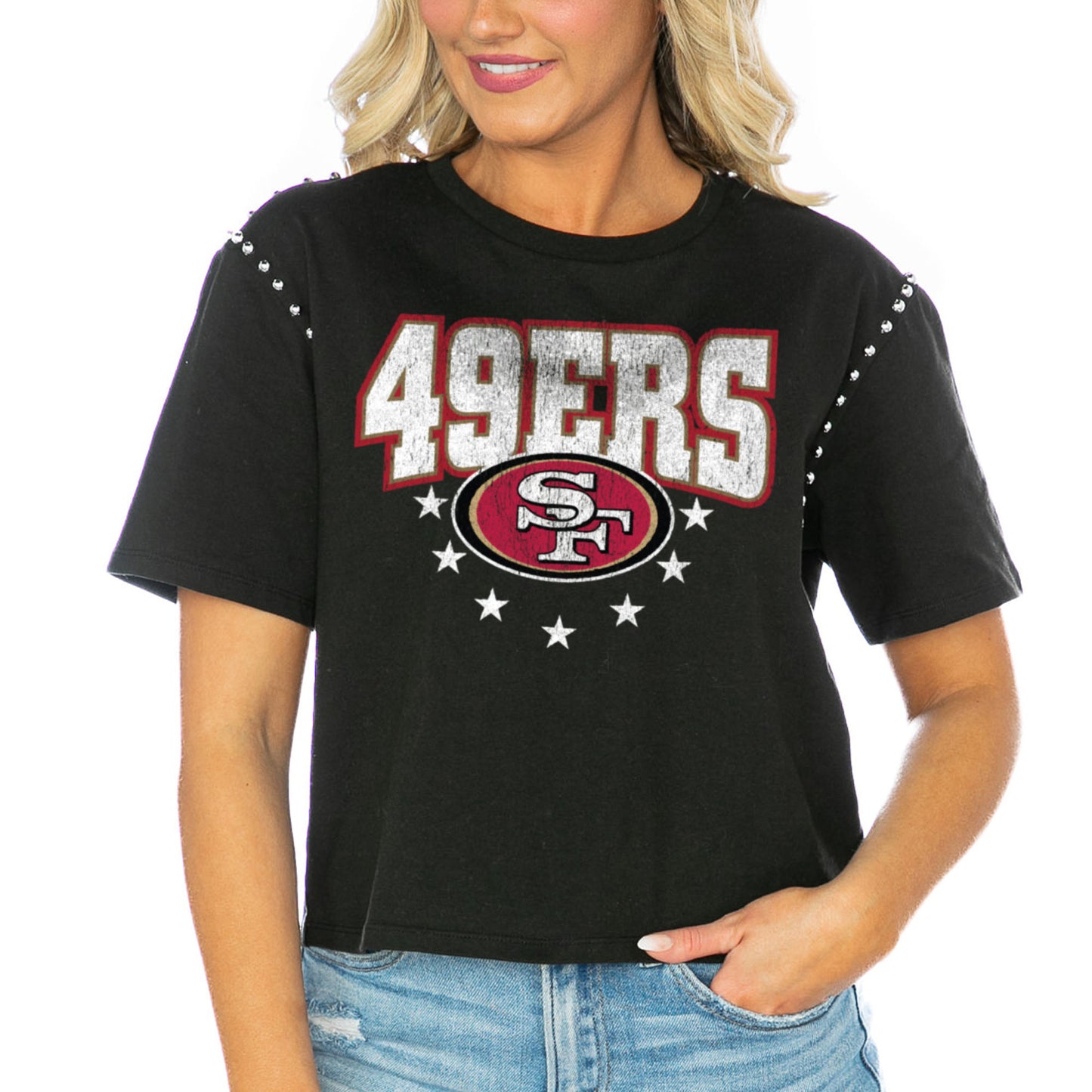 Women's Gameday Couture Black San Francisco 49ers Gladiator Studded Sleeve Cropped T-Shirt