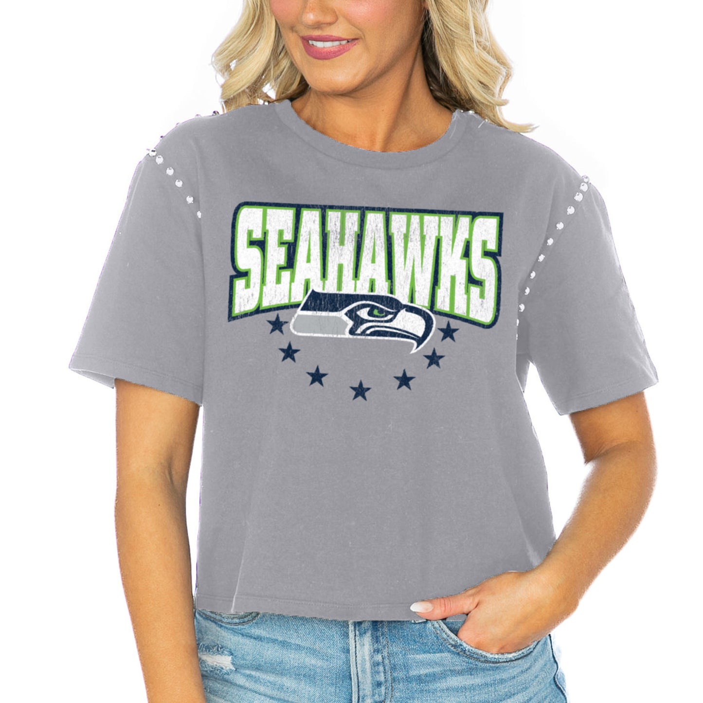 Women's Gameday Couture Gray Seattle Seahawks Gladiator Studded Sleeve Cropped T-Shirt