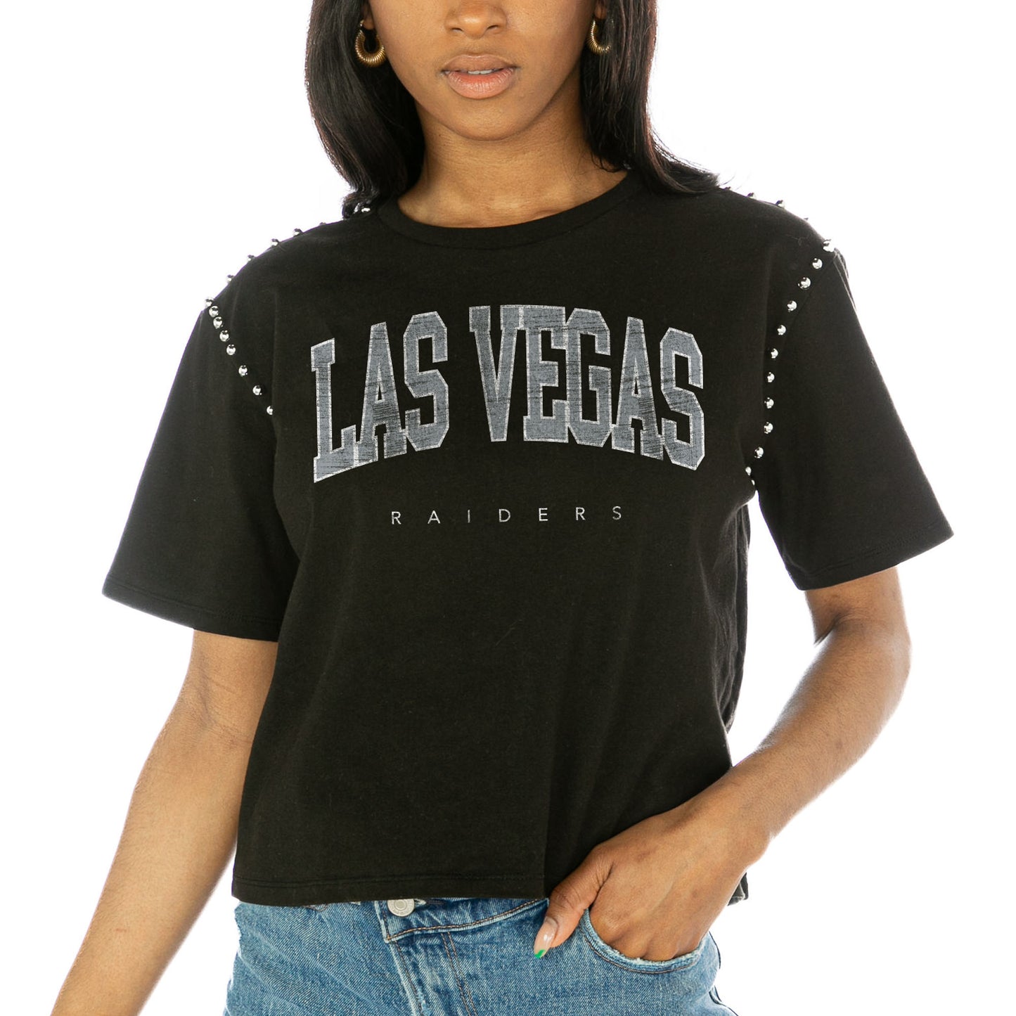 Women's Gameday Couture Black Las Vegas Raiders Elite Elegance Studded Sleeve Cropped T-Shirt