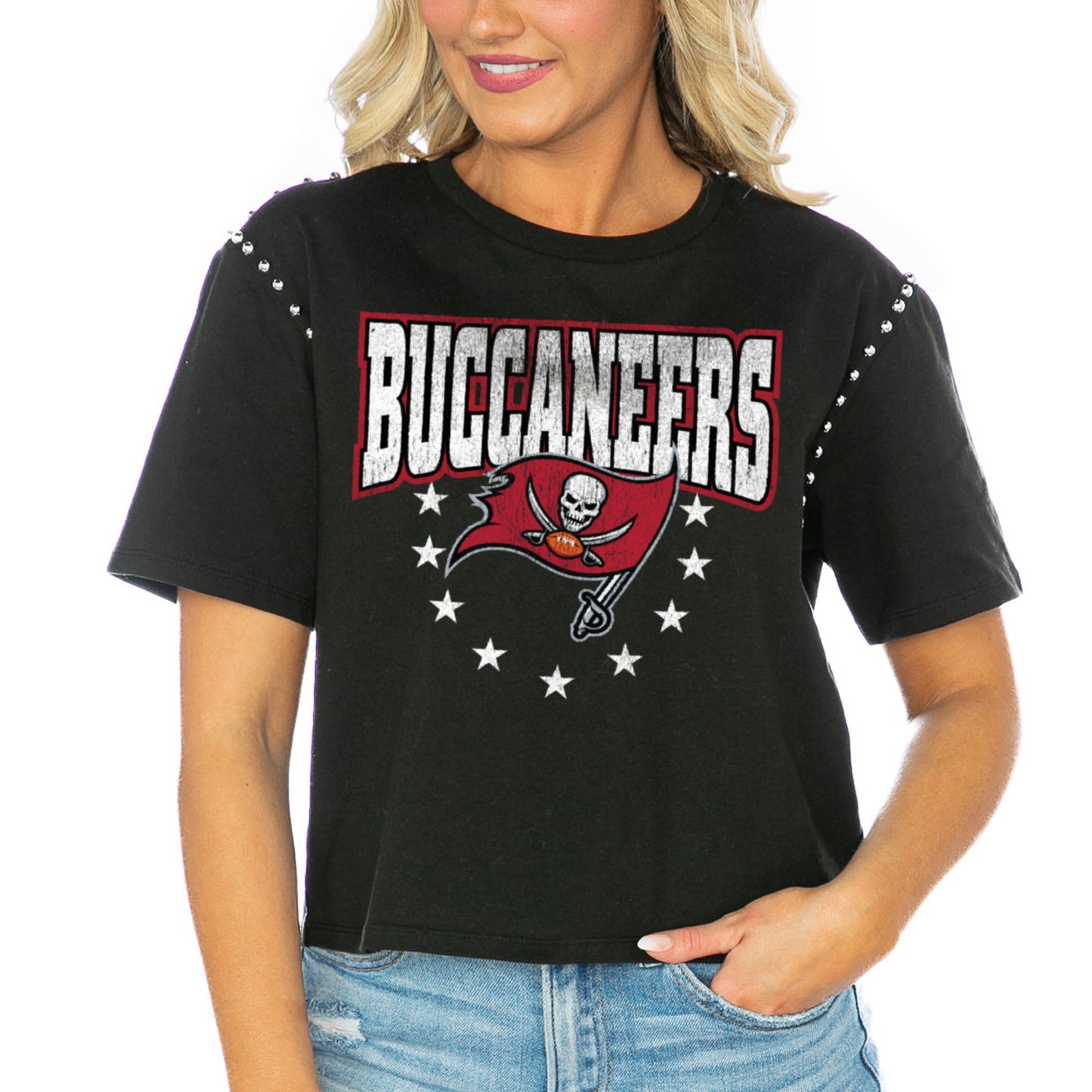 Women's Gameday Couture Black Tampa Bay Buccaneers Gladiator Studded Sleeve Cropped T-Shirt