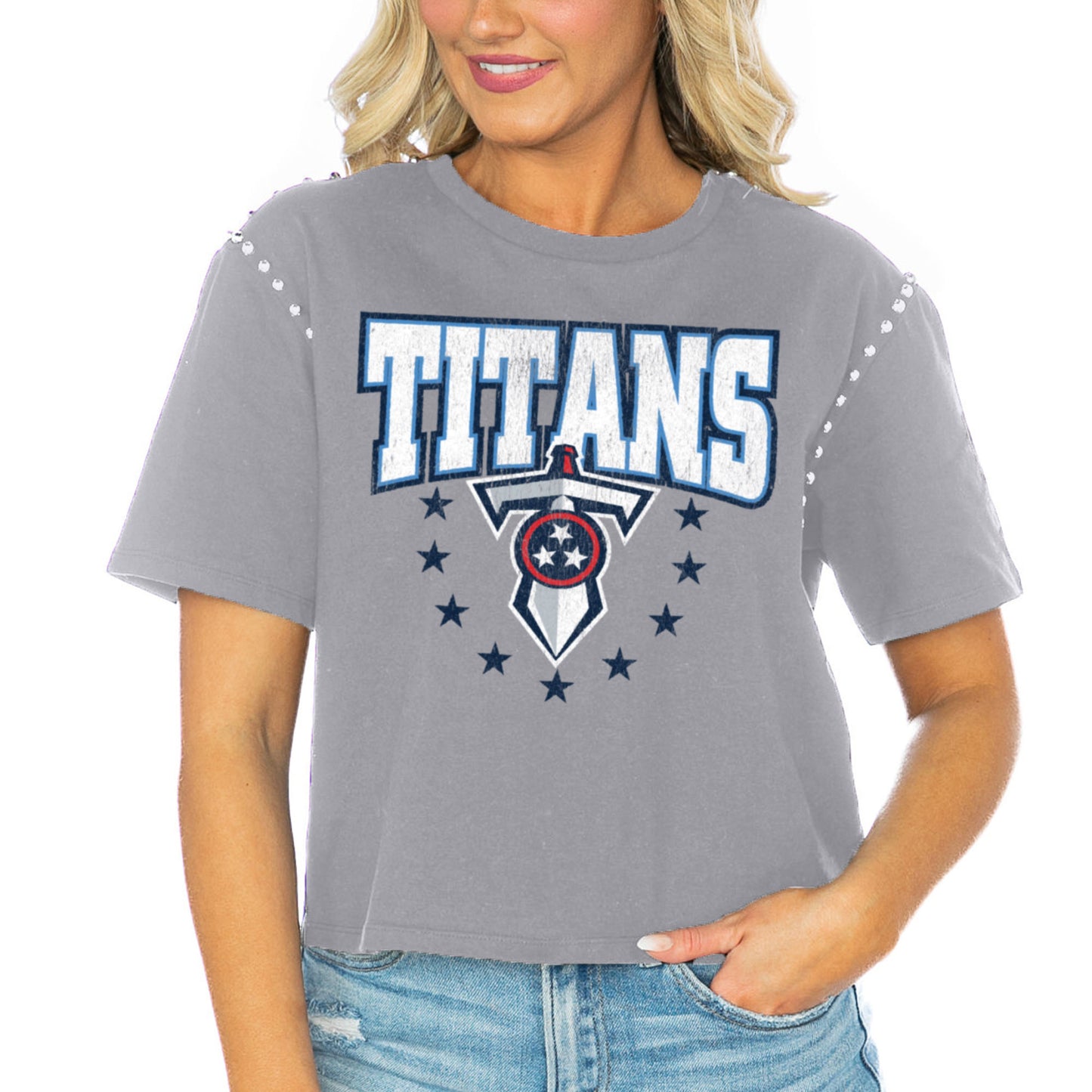 Women's Gameday Couture Gray Tennessee Titans Gladiator Studded Sleeve Cropped T-Shirt