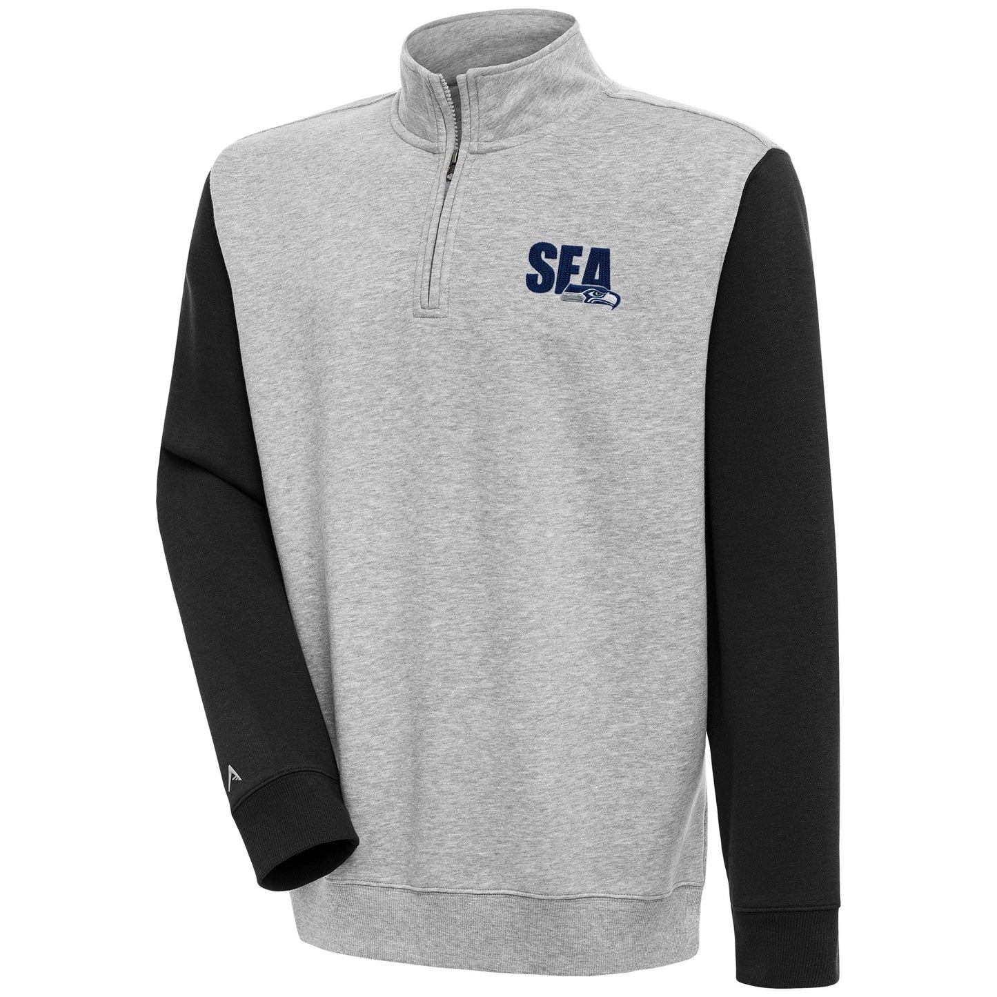 Men's Antigua Heather Gray/Black Seattle Seahawks Victory Colorblock Quarter-Zip Pullover Top