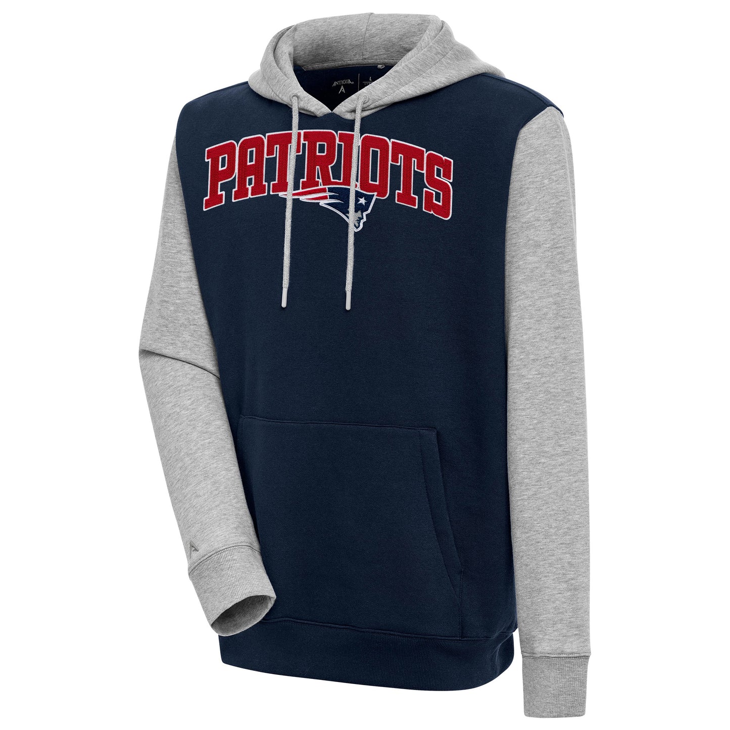 Men's Antigua Navy/Heather Gray New England Patriots Victory Colorblock Pullover Hoodie