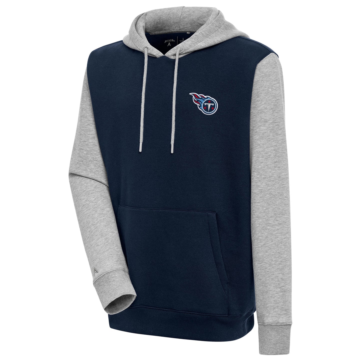 Men's Antigua Navy/Heather Gray Tennessee Titans Victory Colorblock Pullover Hoodie