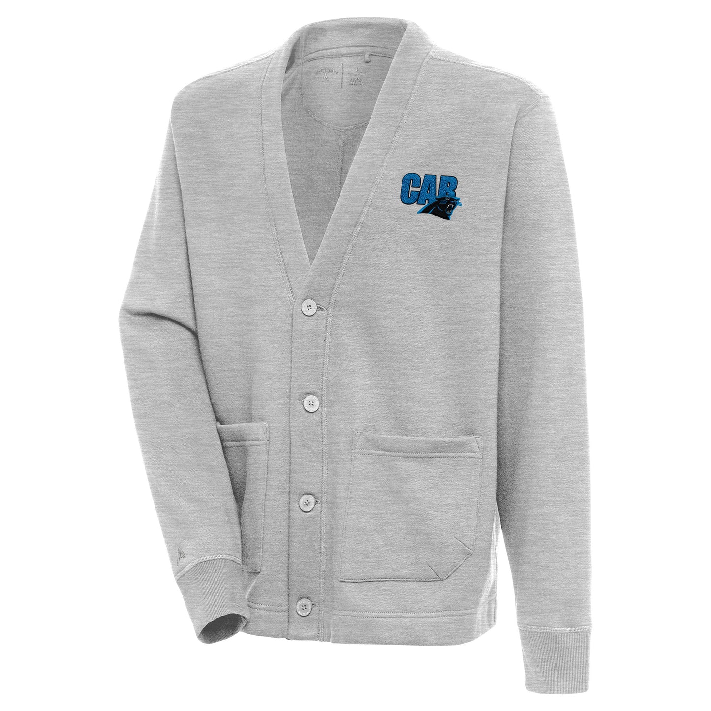 Men's Antigua Heather Gray Carolina Panthers Victory Button-Up Cardigan