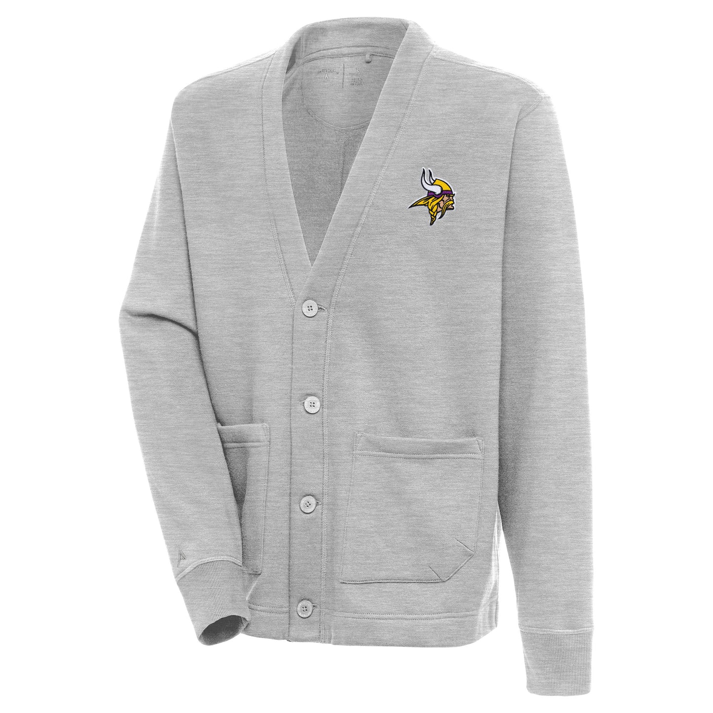 Men's Antigua Heather Gray Minnesota Vikings Victory Button-Up Cardigan