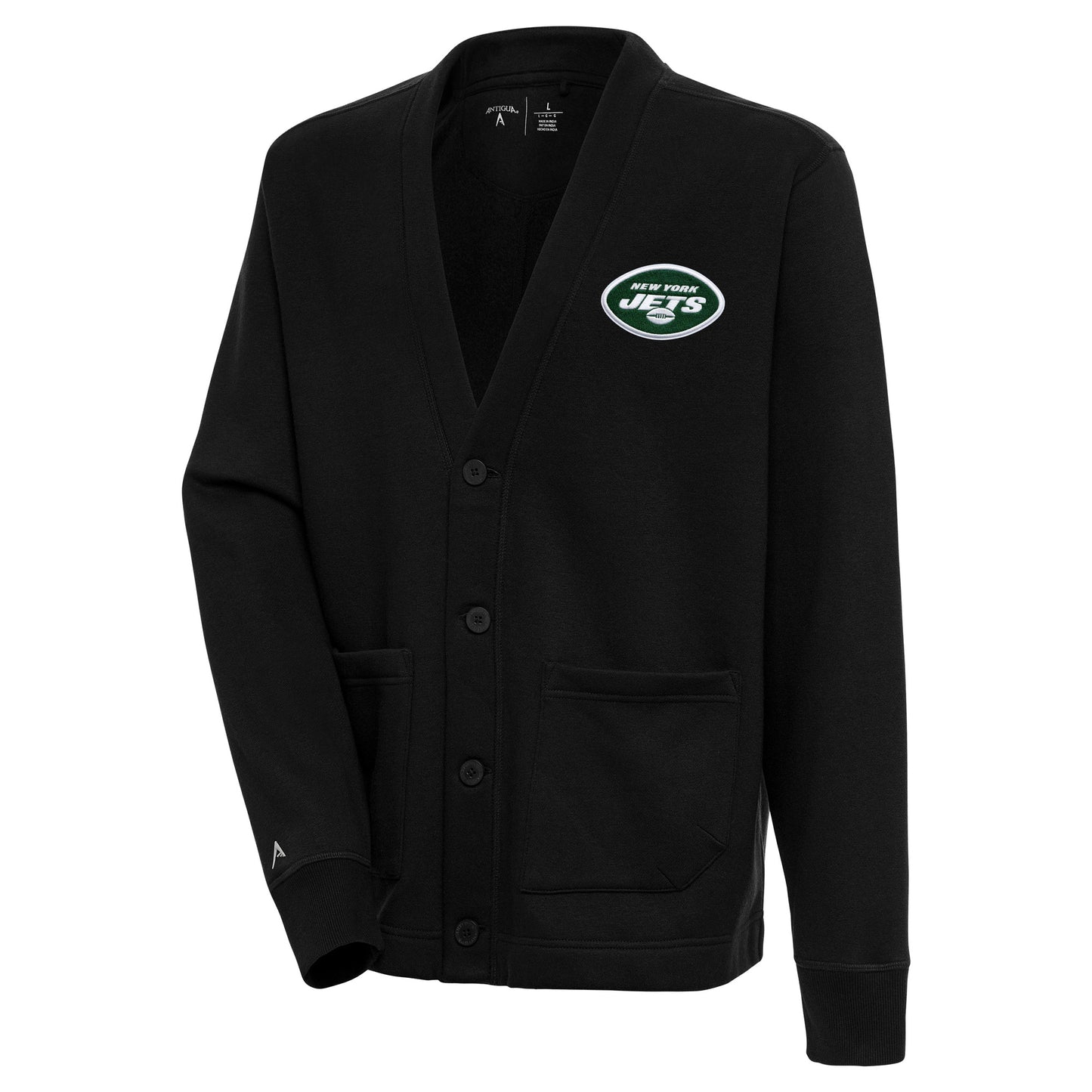 Men's Antigua Black New York Jets Victory Button-Up Cardigan