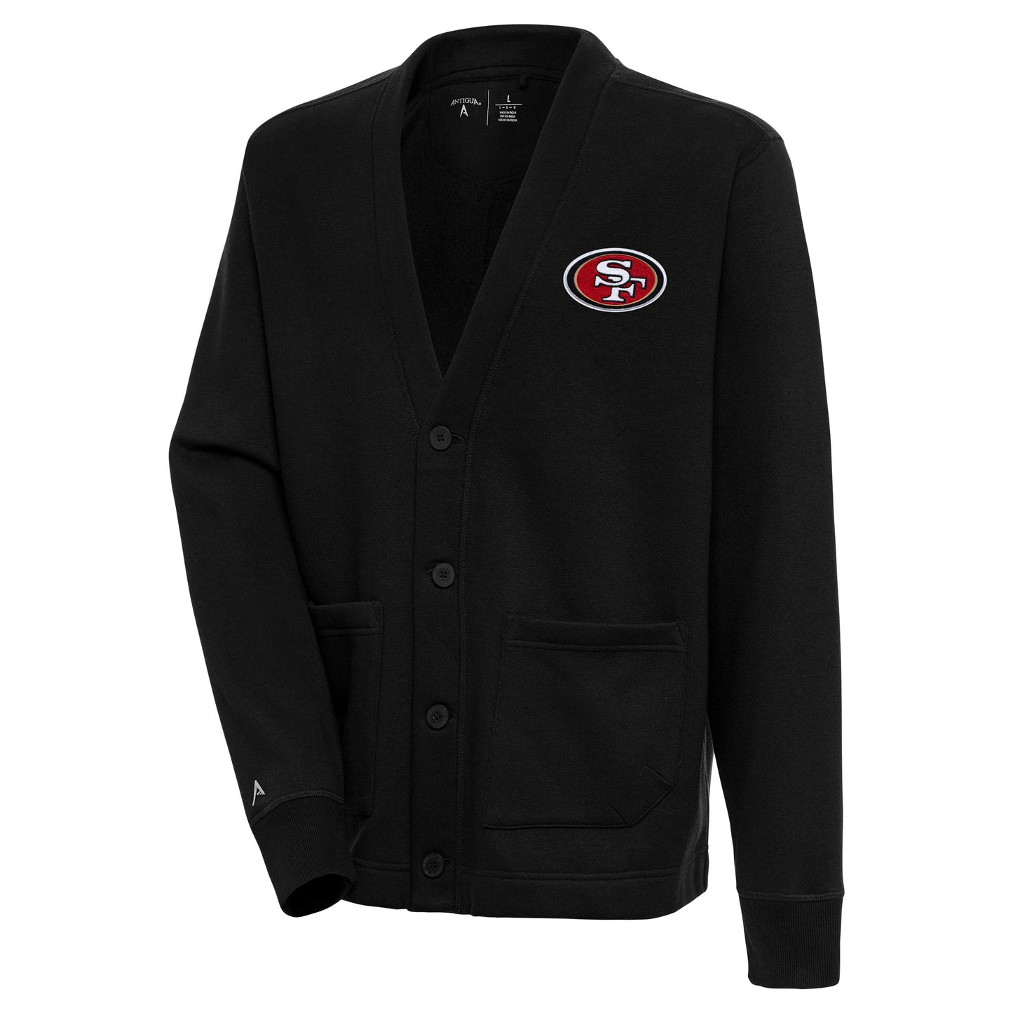Men's Antigua Black San Francisco 49ers Victory Button-Up Cardigan