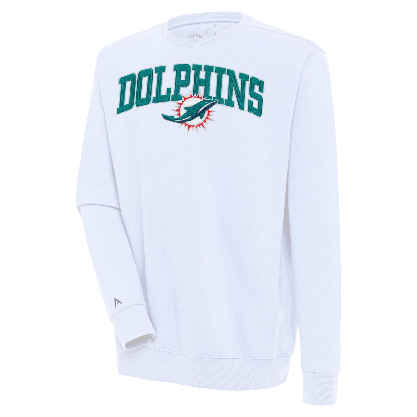 Men's Antigua White Miami Dolphins Victory Chenille Pullover Sweatshirt