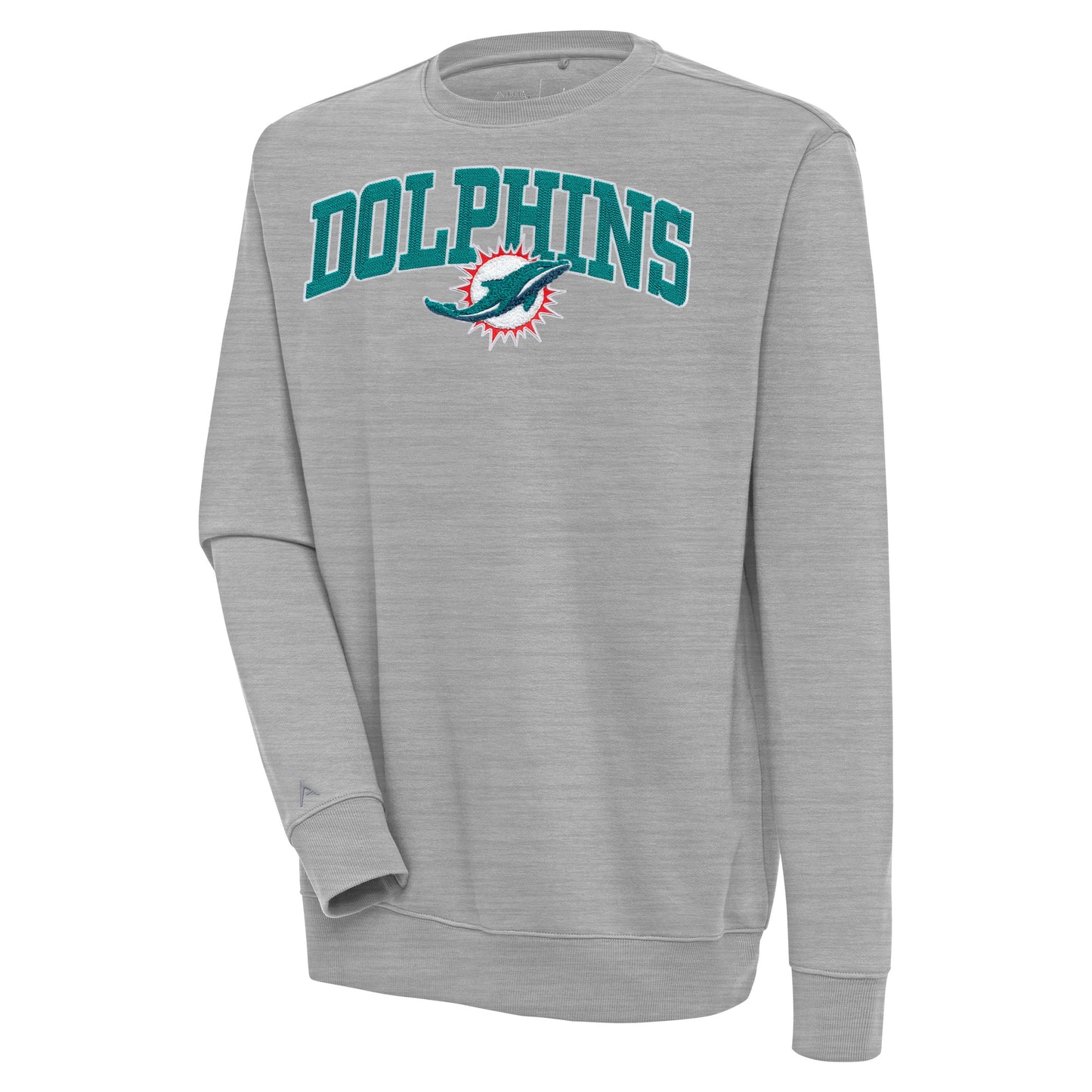 Men's Antigua Heather Gray Miami Dolphins Victory Chenille Pullover Sweatshirt