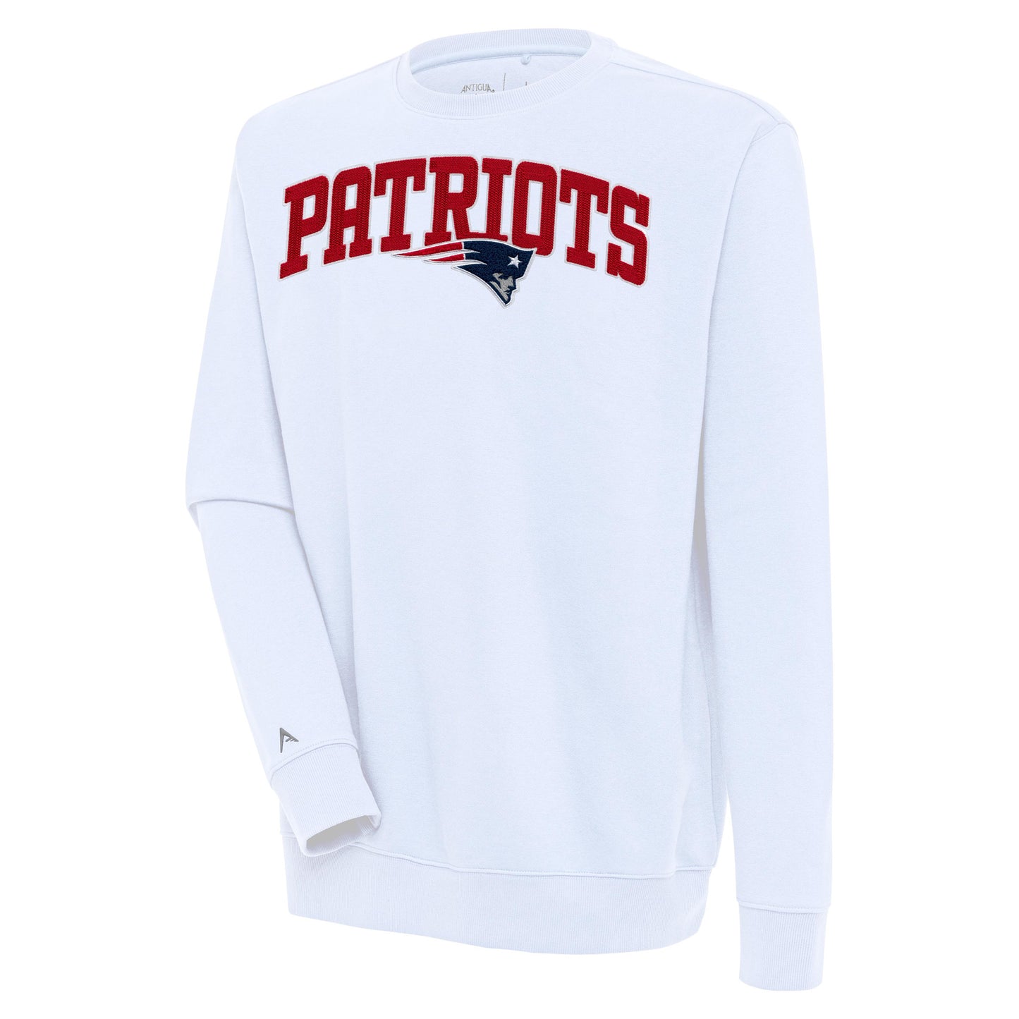 Men's Antigua White New England Patriots Victory Chenille Pullover Sweatshirt