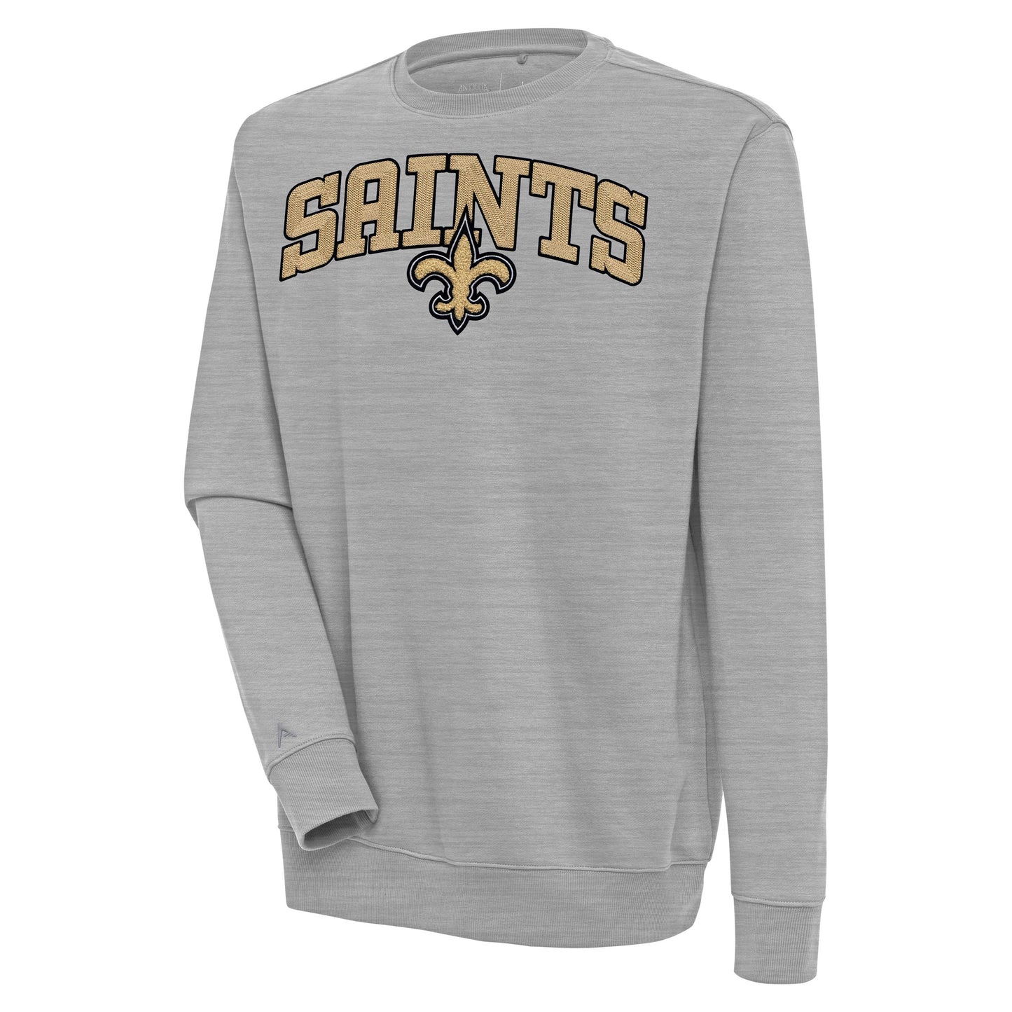 Men's Antigua Heather Gray New Orleans Saints Victory Chenille Pullover Sweatshirt