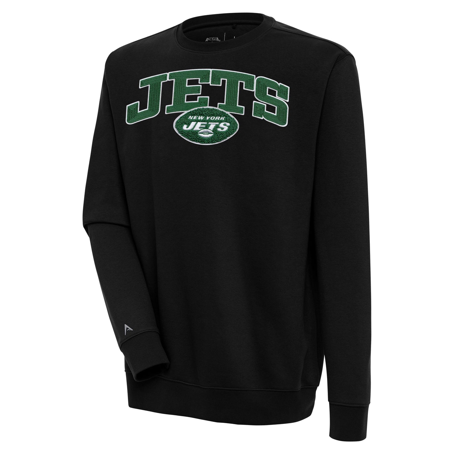 Men's Antigua Black New York Jets Victory Chenille Pullover Sweatshirt