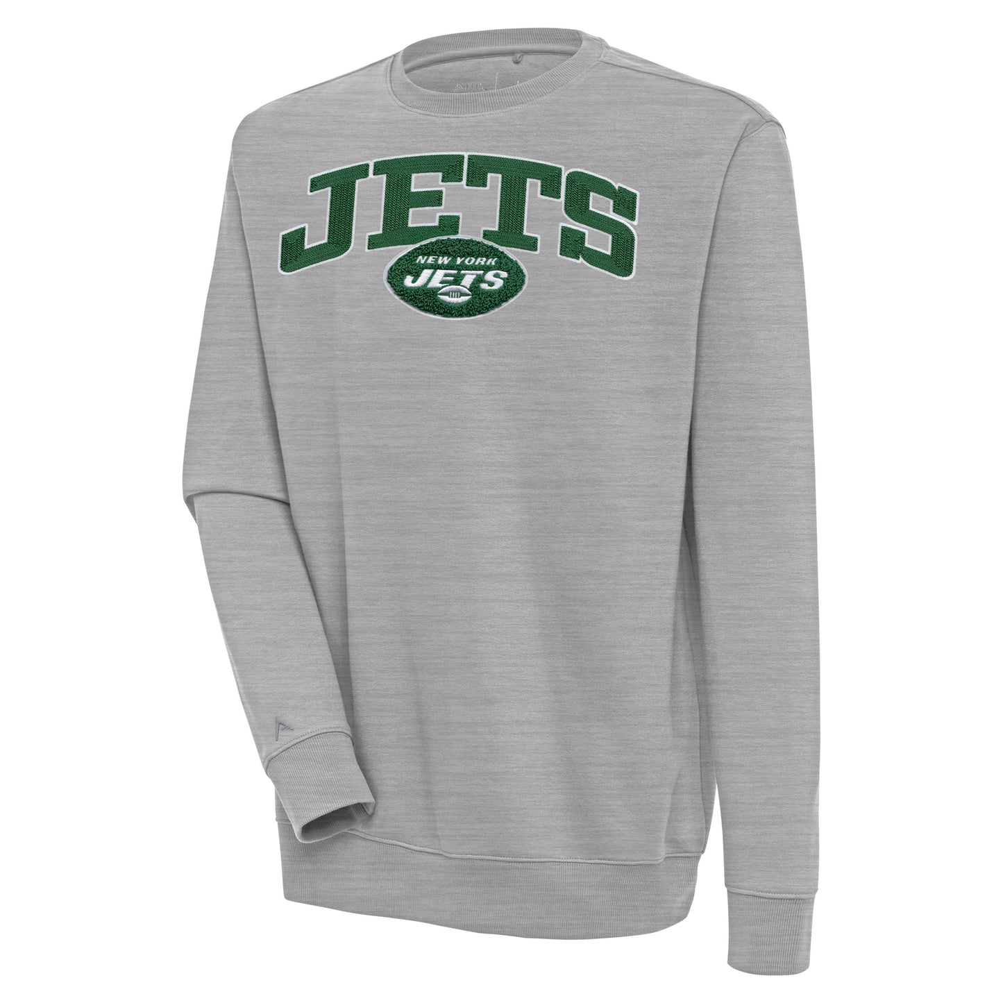 Men's Antigua Heather Gray New York Jets Victory Chenille Pullover Sweatshirt