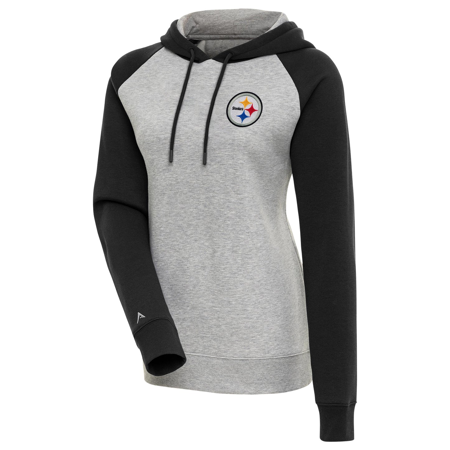 Women's Antigua Heather Gray/Black Pittsburgh Steelers Victory Raglan Sleeve Pullover Hoodie