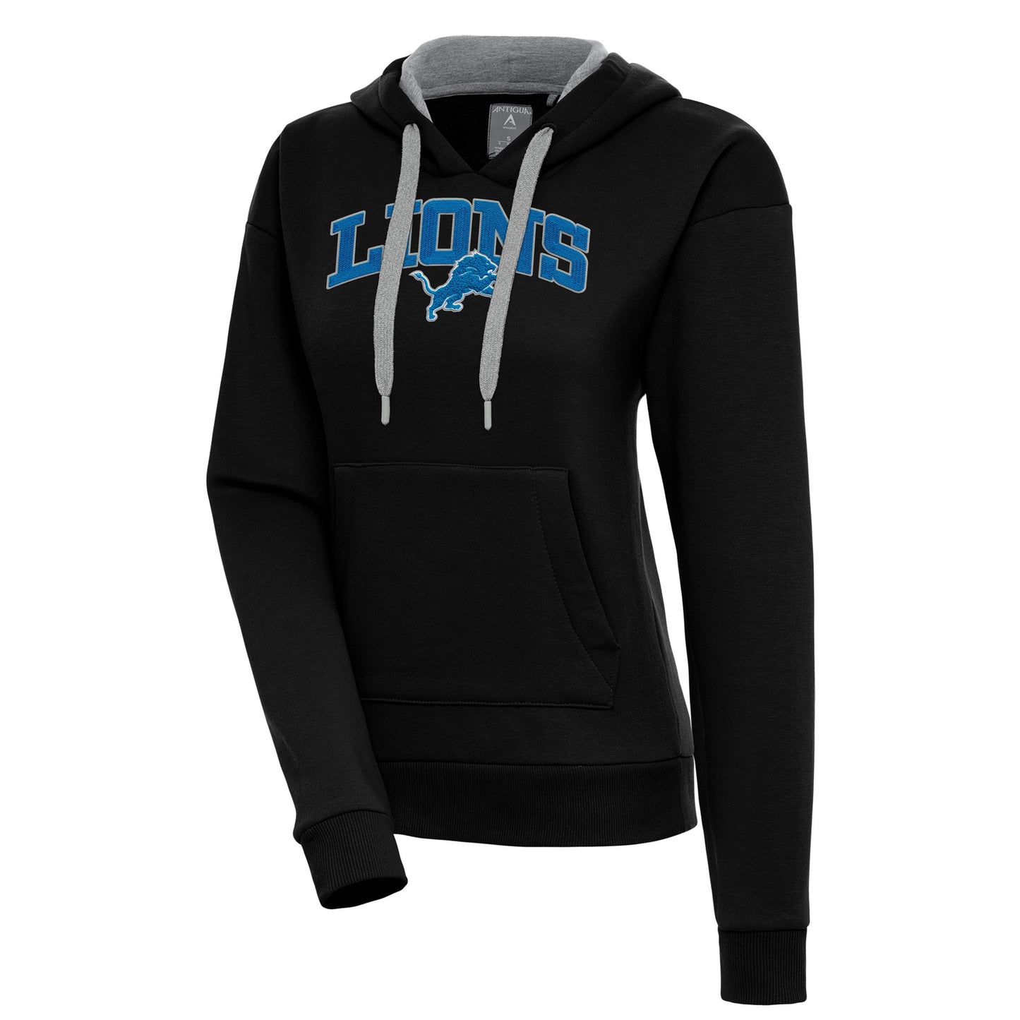 Women's Antigua Black Detroit Lions Victory Chenille Pullover Hoodie