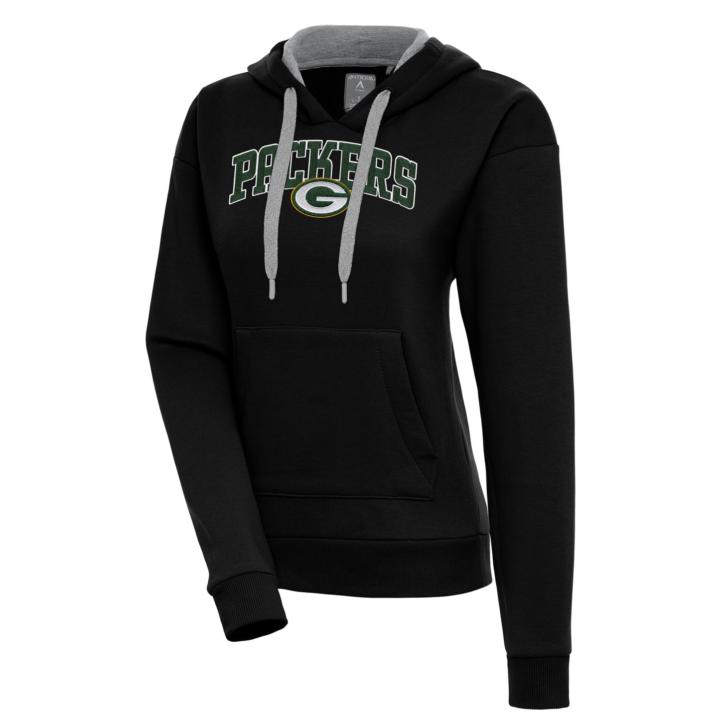 Women's Antigua Black Green Bay Packers Victory Chenille Pullover Hoodie