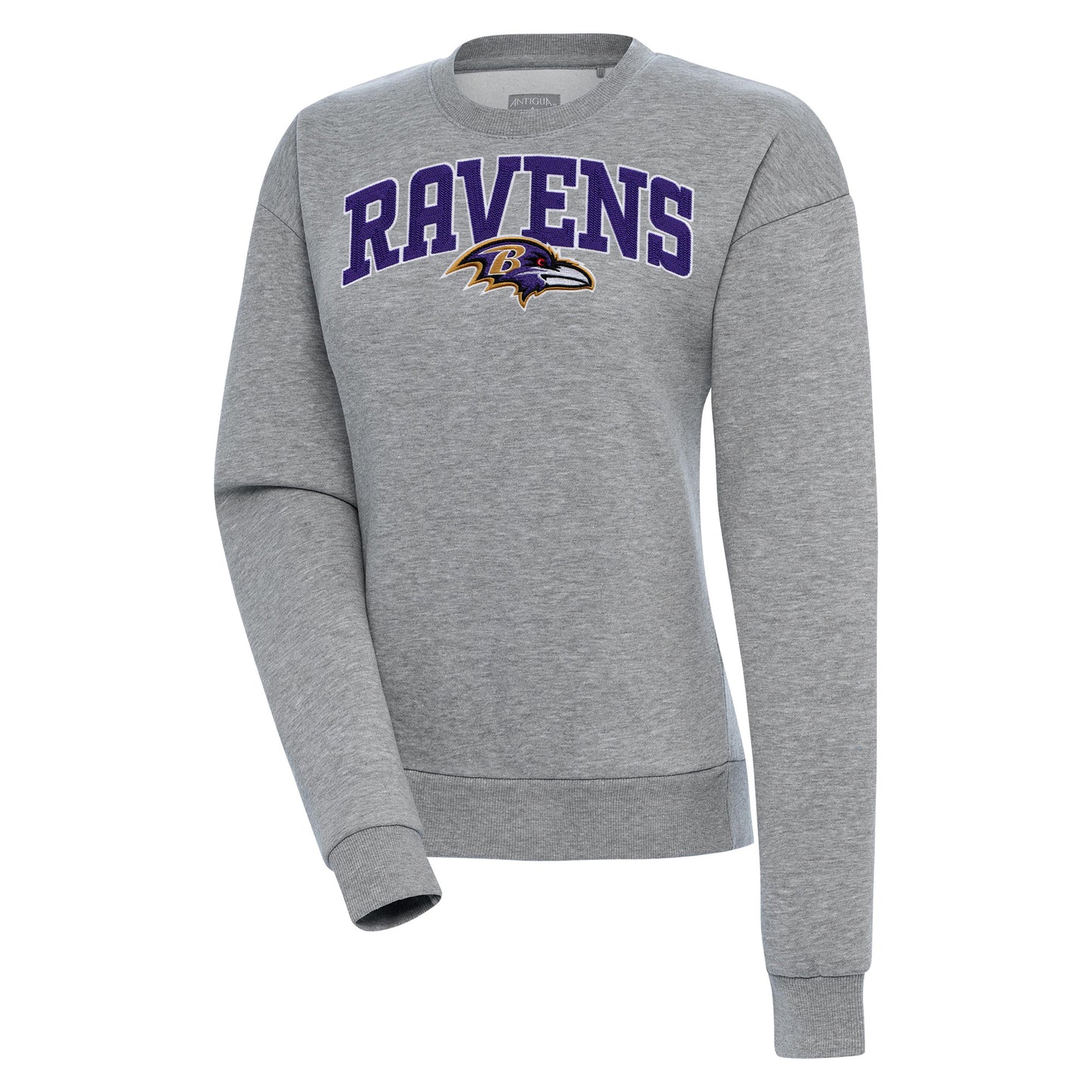 Women's Antigua Heather Gray Baltimore Ravens Victory Chenille Pullover Sweatshirt