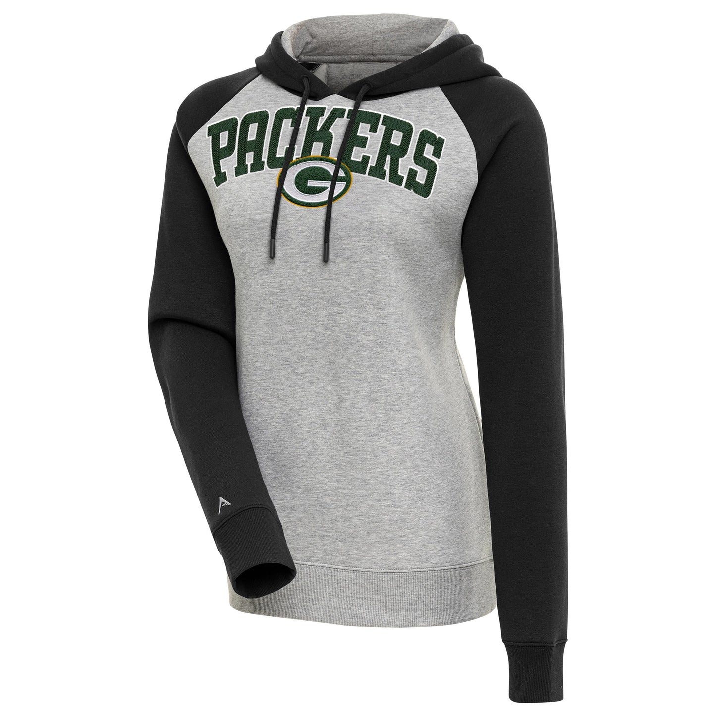 Women's Antigua Heather Gray/Black Green Bay Packers Victory Raglan Sleeve Chenille Pullover Hoodie