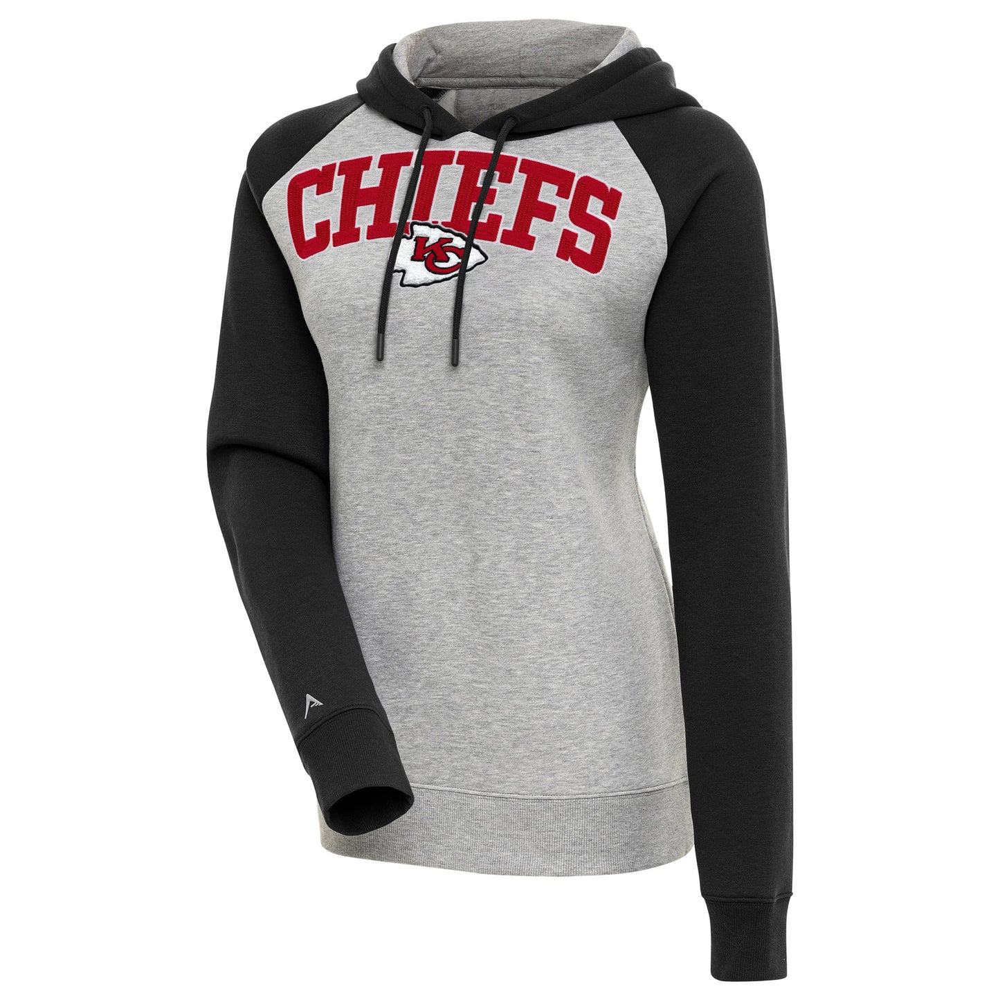 Women's Antigua Heather Gray/Black Kansas City Chiefs Victory Raglan Sleeve Chenille Pullover Hoodie
