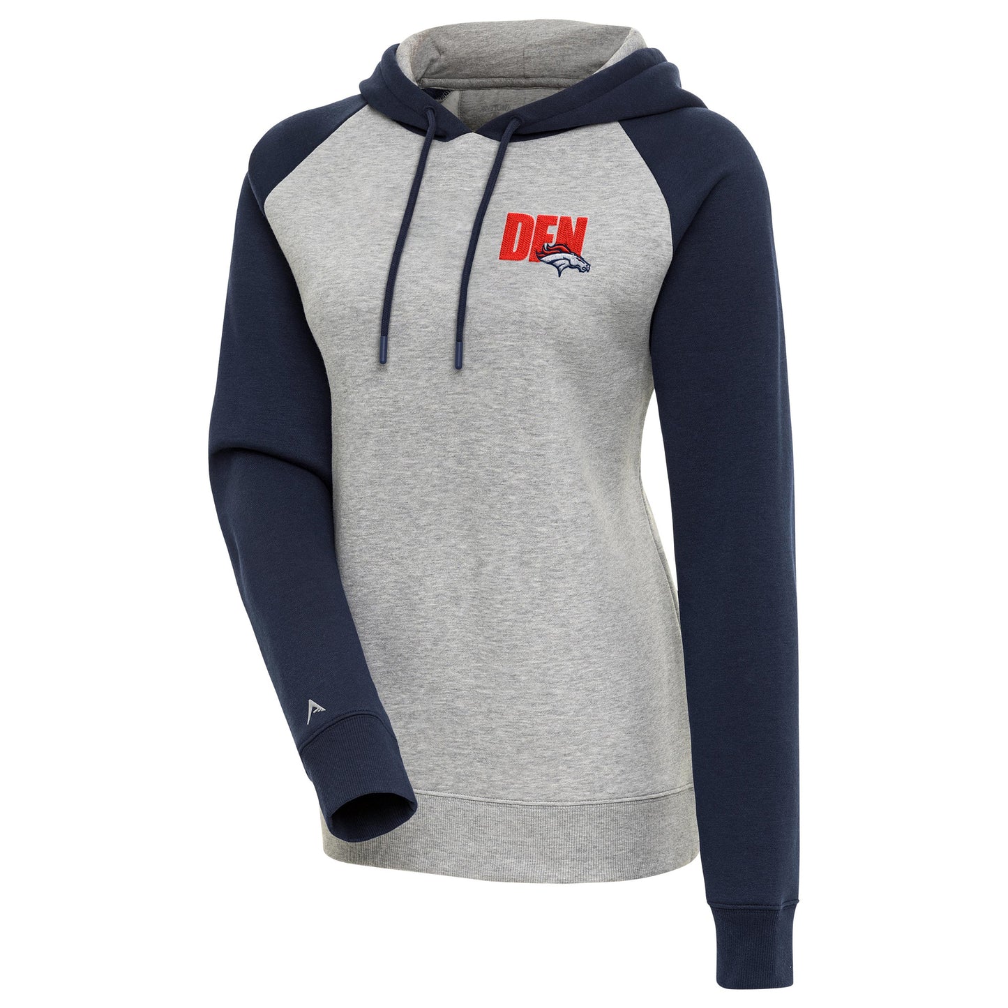 Women's Antigua Heather Gray/Navy Denver Broncos Victory Raglan Sleeve Pullover Hoodie