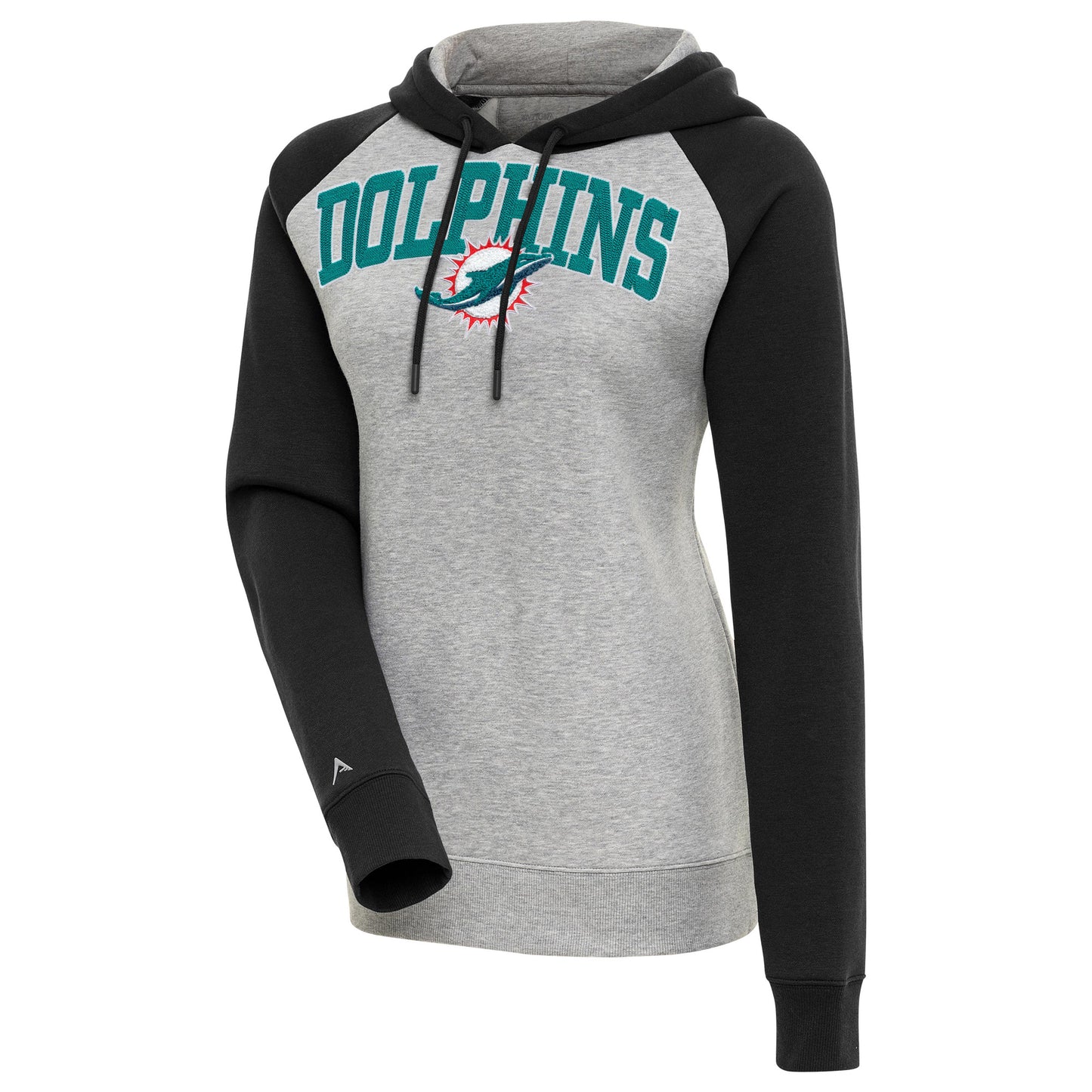 Women's Antigua Heather Gray/Black Miami Dolphins Victory Raglan Sleeve Chenille Pullover Hoodie