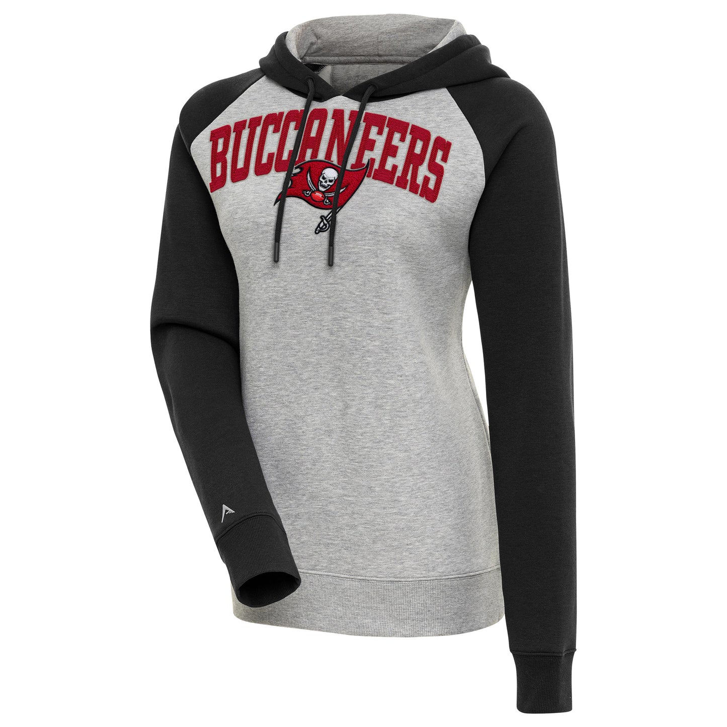 Women's Antigua Heather Gray/Black Tampa Bay Buccaneers Victory Raglan Sleeve Chenille Pullover Hoodie