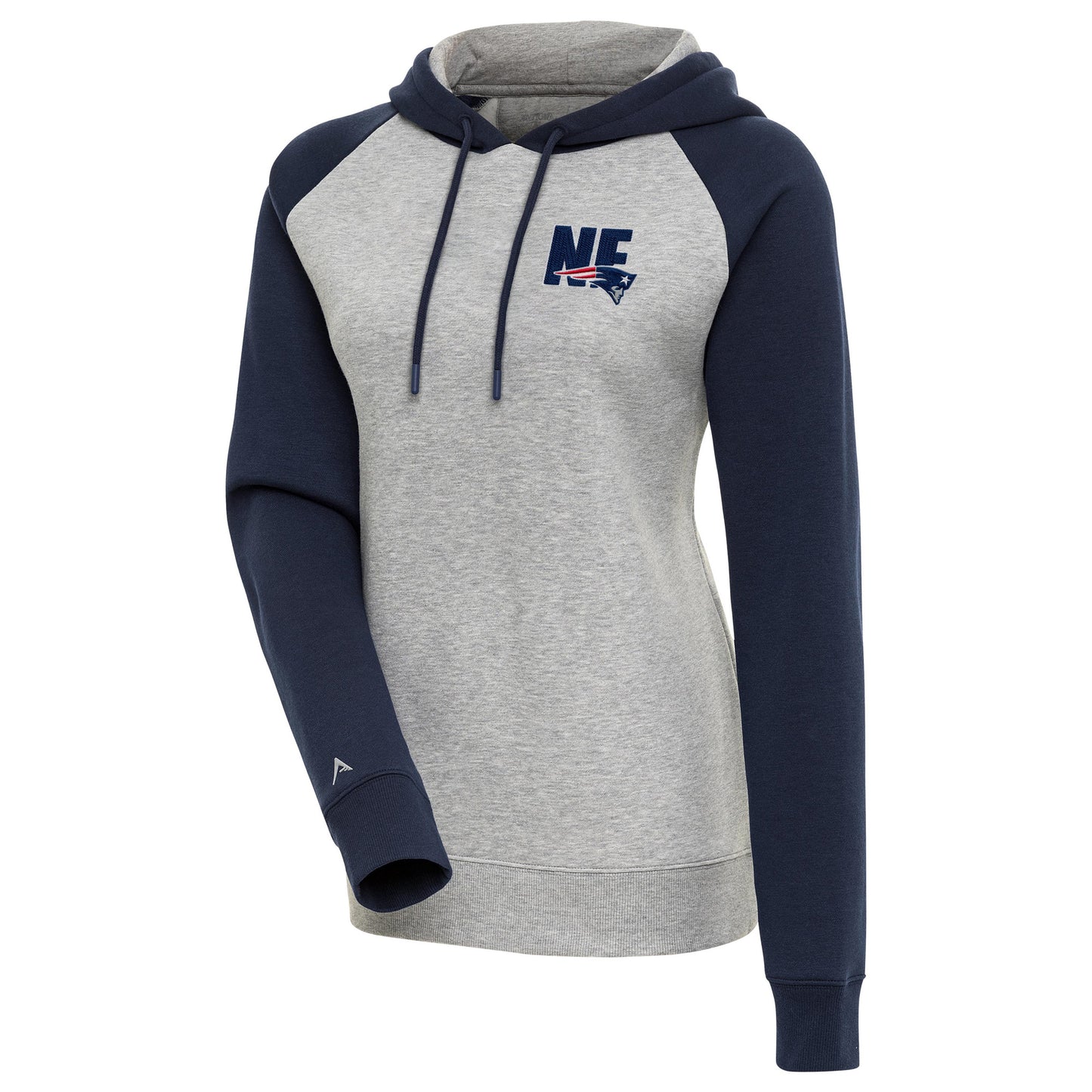 Women's Antigua Heather Gray/Navy New England Patriots Victory Raglan Sleeve Pullover Hoodie