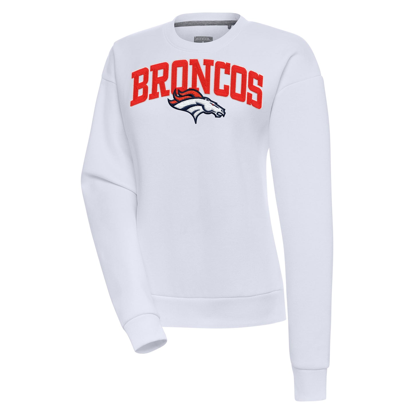 Women's Antigua White Denver Broncos Victory Chenille Pullover Sweatshirt