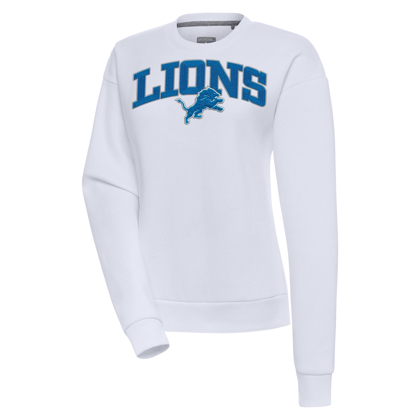 Women's Antigua White Detroit Lions Victory Chenille Pullover Sweatshirt