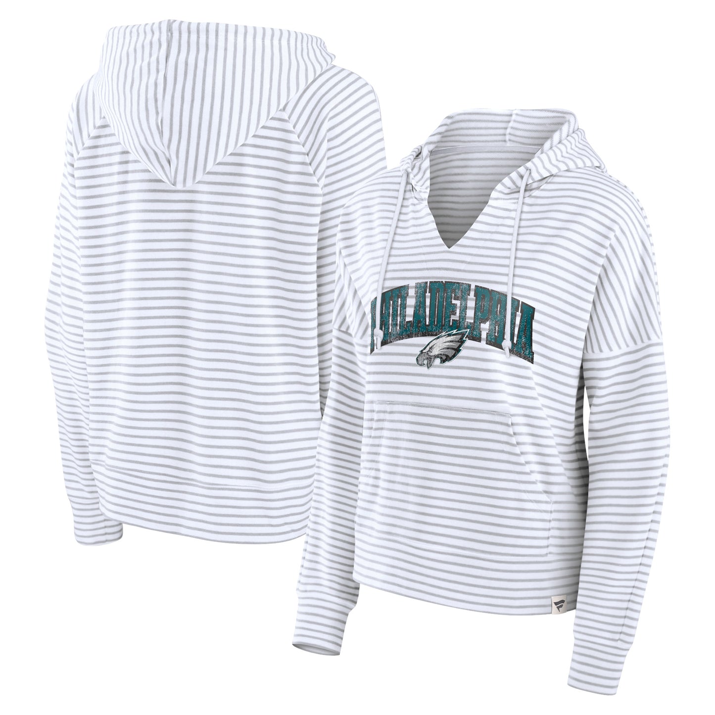 Women's Fanatics White/Gray Philadelphia Eagles Striped Notch Neck Pullover Hoodie
