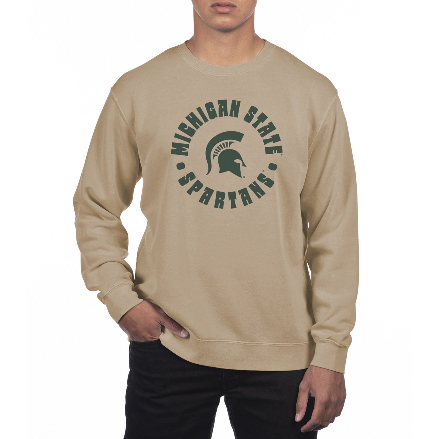 Men's Uscape Apparel Cream Michigan State Spartans Pigment Dyed Fleece Crew Neck Sweatshirt