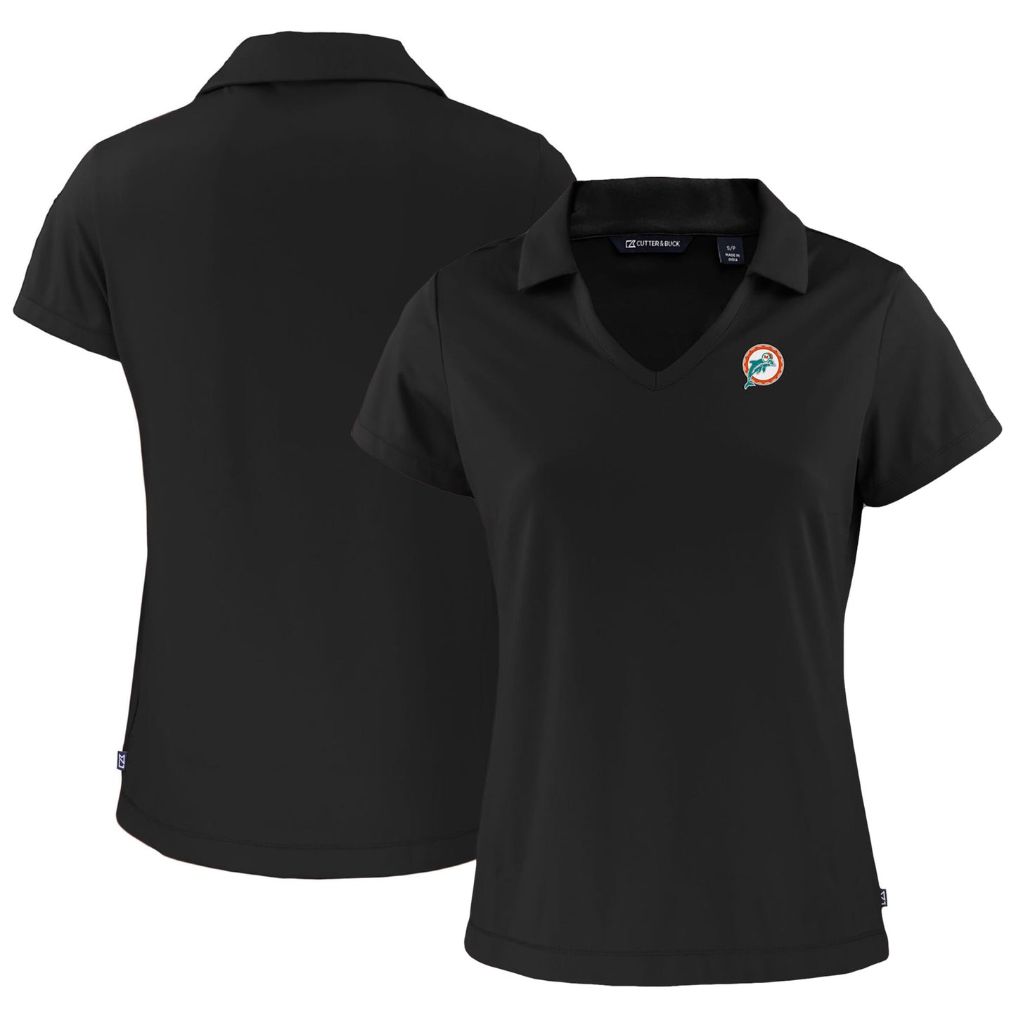 Women's Cutter & Buck Black Miami Dolphins Throwback Daybreak Eco Recycled V-Neck Polo