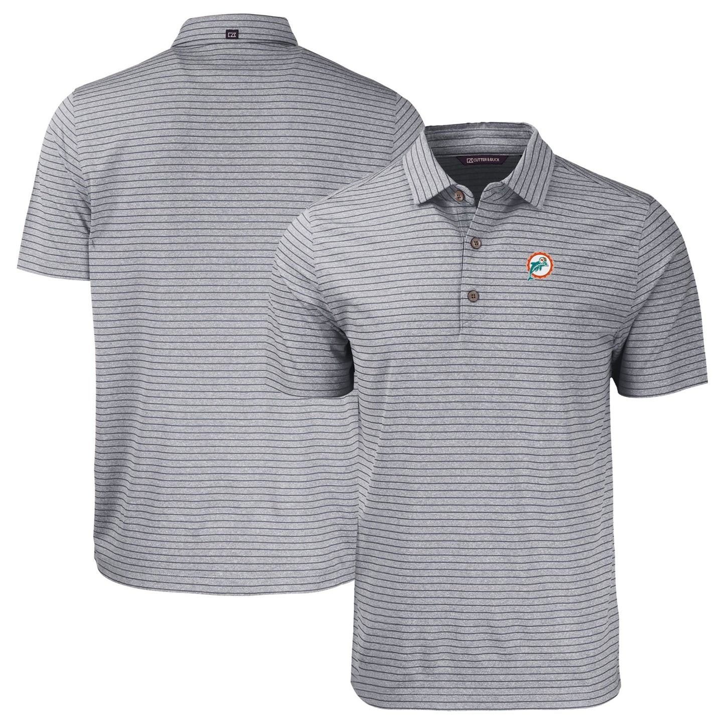 Men's Cutter & Buck Heather Black Miami Dolphins Throwback Forge Eco Heather Stripe Stretch Recycled Polo