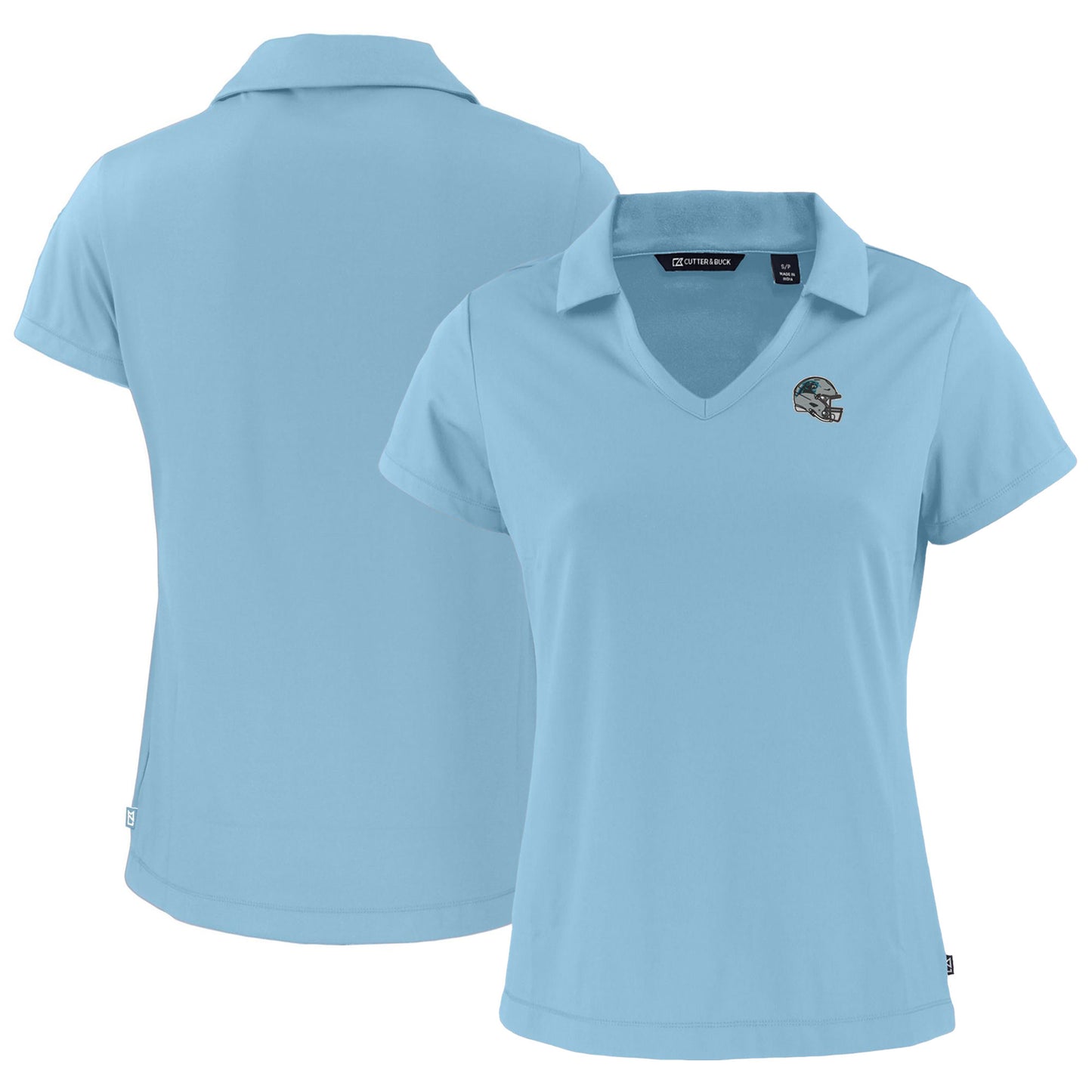 Women's Cutter & Buck Powder Blue Carolina Panthers Helmet Daybreak Eco Recycled V-Neck Polo